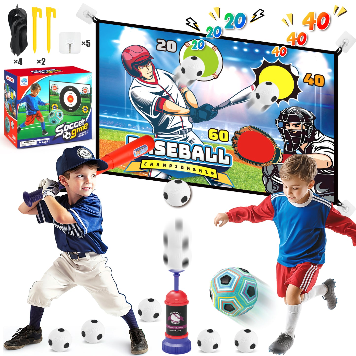 Huge Wave Soccer Game T-Ball Set for Kids, Indoor Outdoor Backyard Baseball Target Toy, with Sticky Goal, Christmas Birthday Gift for Boys Girls Aged 3-12