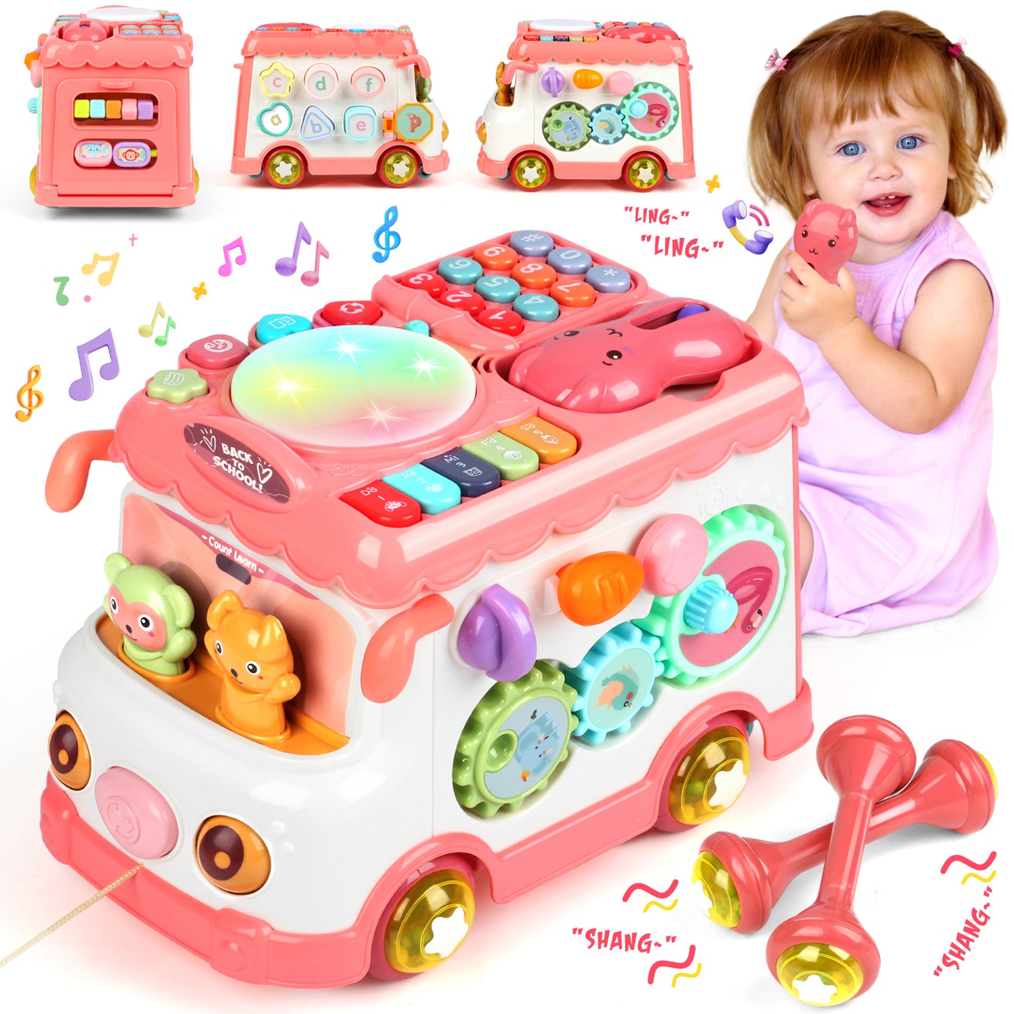 Huge Wave Baby Montessori Learning Toys, 12 in 1 Music Activity Bus Baby Toys, Toddler Girls Education Learn Car, Birthday Gift for Kids for Toddlers 18 Months +, Pink