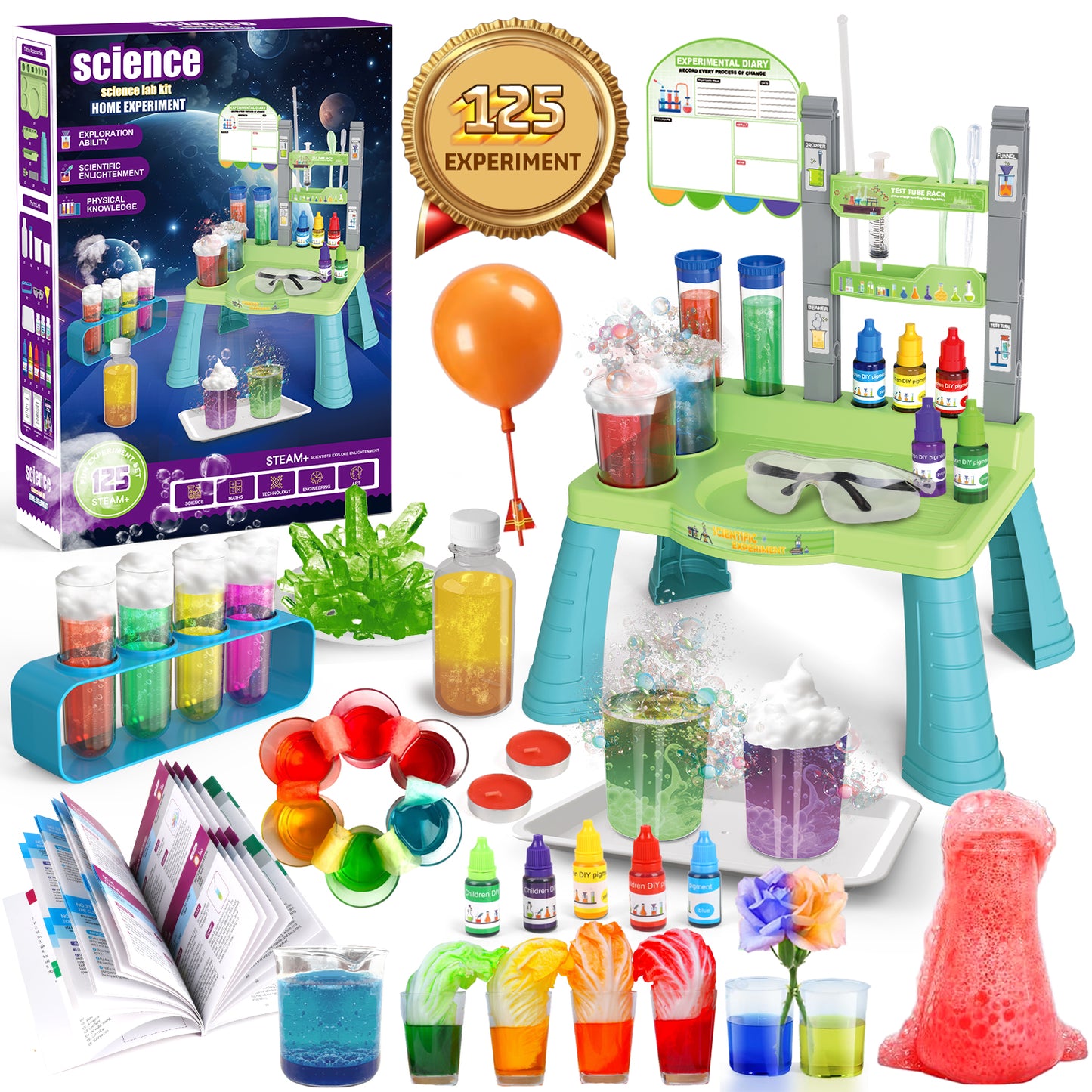 Science Kits for Kids Age 5-9, 125 Kids Lab Experiments with Table, STEM Education Volcano Toys, Birthday Gifts for Boys Girls Age 5-12