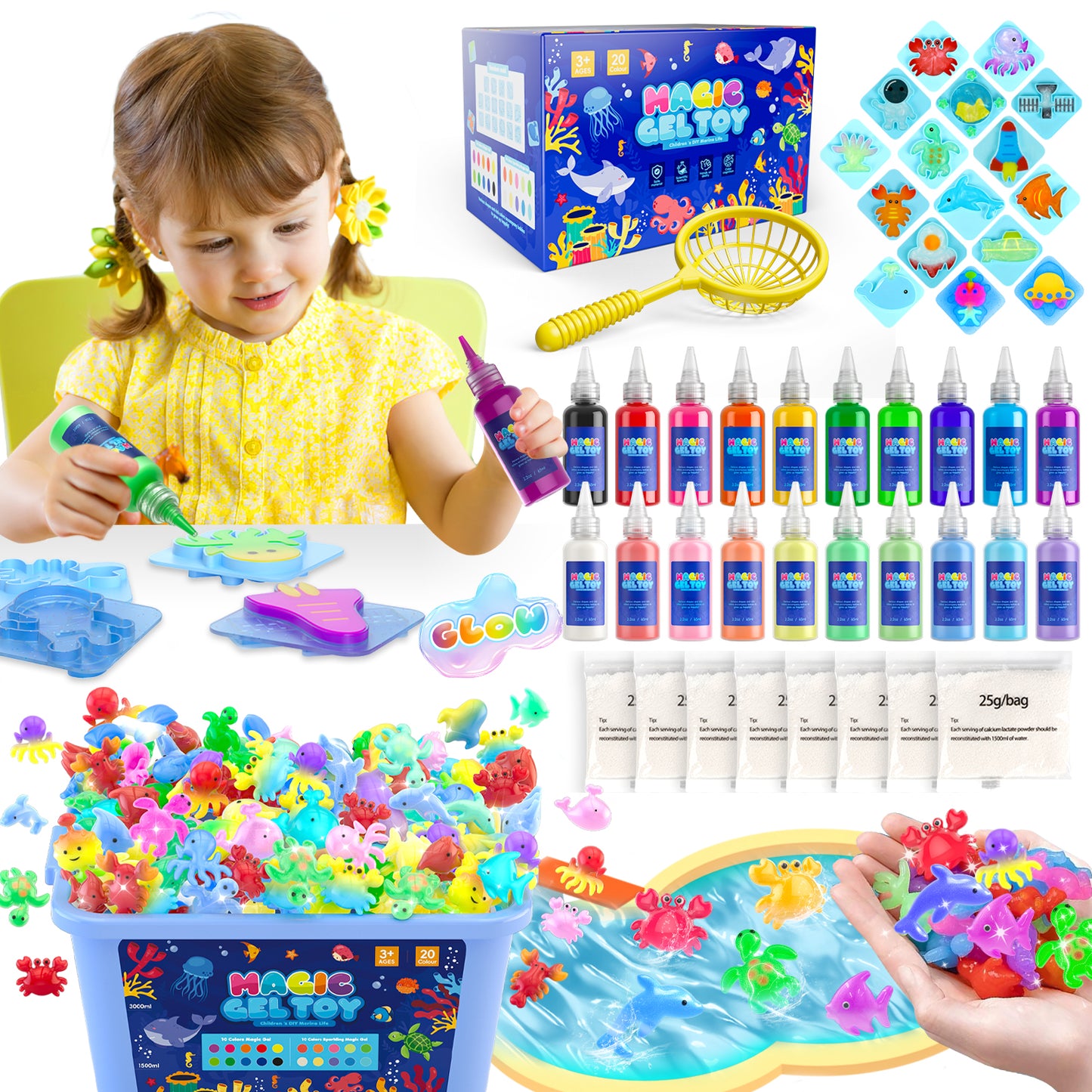 Huge Wave Magic Water Elf Toys Kit, Handmade Aqua Fairy Water Gel Kit with 20 Magic Gels and 8 Shape Molds, Creative Crafts&Art Christmas Gifts STEM Kit for Kids 4 5 6 7 8 Years Old