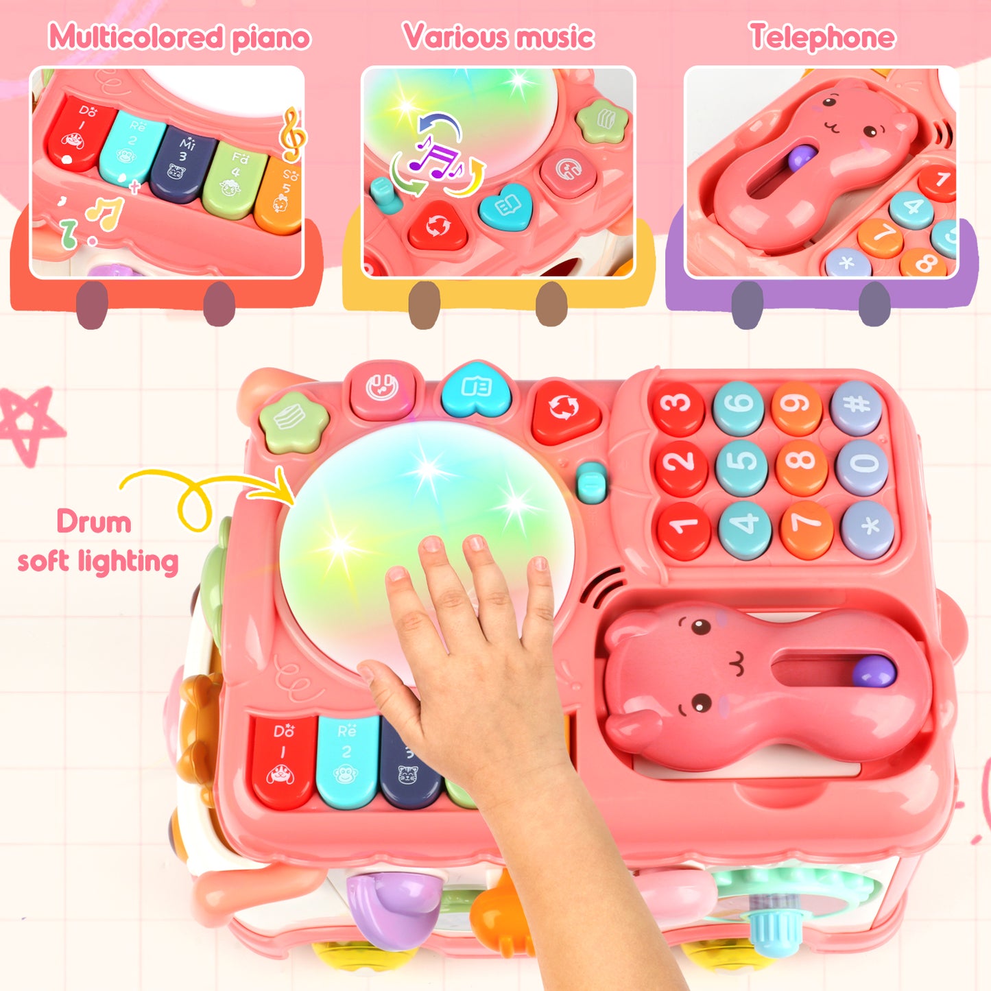 Huge Wave Baby Montessori Learning Toys, 12 in 1 Music Activity Bus Baby Toys, Toddler Girls Education Learn Car, Birthday Gift for Kids for Toddlers 18 Months +, Pink