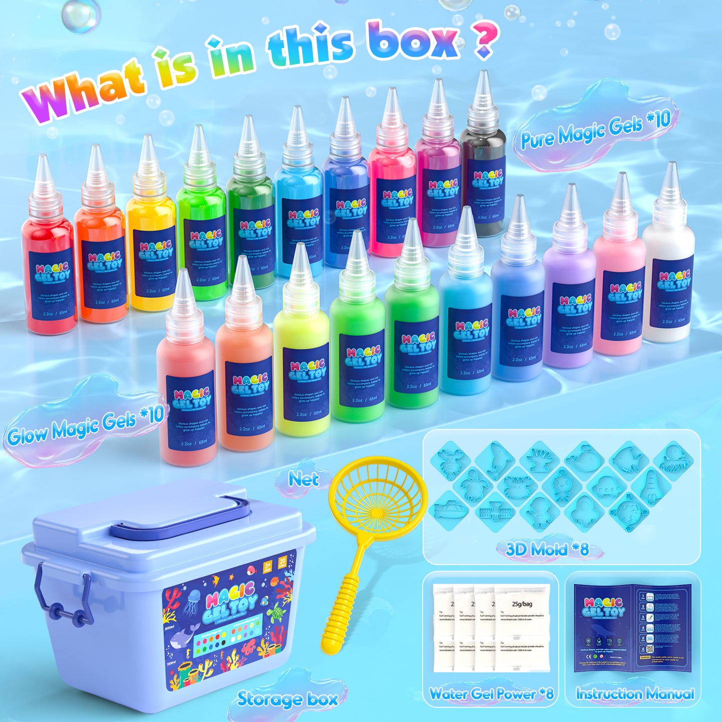 Huge Wave Magic Water Elf Toys Kit, Handmade Aqua Fairy Water Gel Kit with 20 Magic Gels and 8 Shape Molds, Creative Crafts&Art Christmas Gifts STEM Kit for Kids 4 5 6 7 8 Years Old