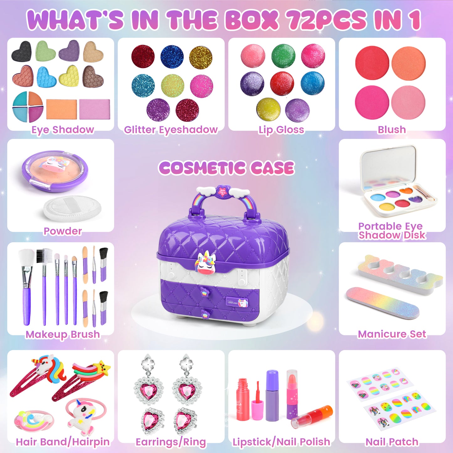 72 PCS Kids Makeup Kit for Girl Toys, Real Washable Makeup Set for Little Girls, Princess Toys Birthday Gift for 3-12 Year Old Girls