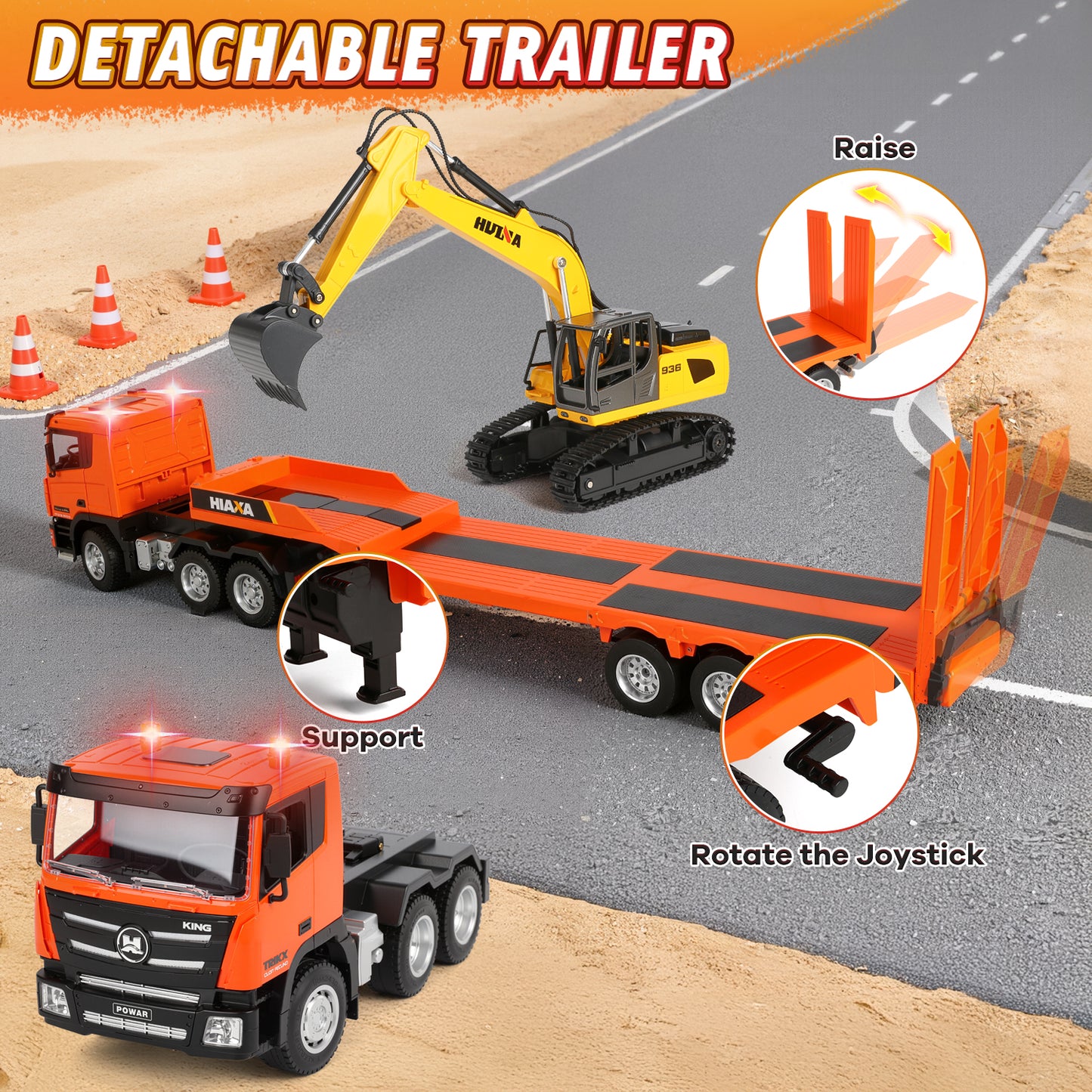33Inch 2 in 1 RC Excavator & Flatbed Truck Toys, 1:18 Engineering Remote Control Flatbed Truck with Light and Sound, Birthday Gift for Kids Boys 4-8 Years