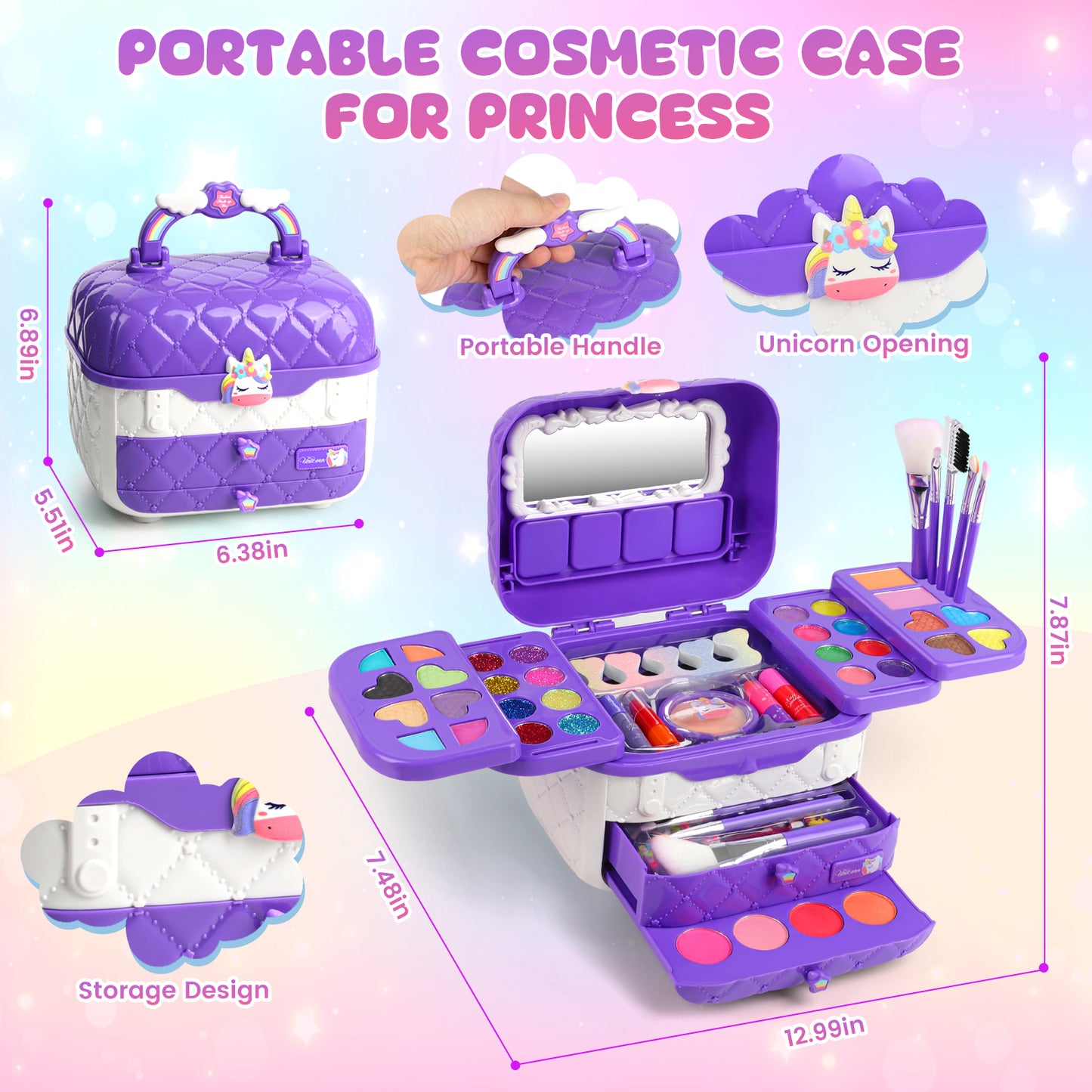 72 PCS Kids Makeup Kit for Girl Toys, Real Washable Makeup Set for Little Girls, Princess Toys Birthday Gift for 3-12 Year Old Girls