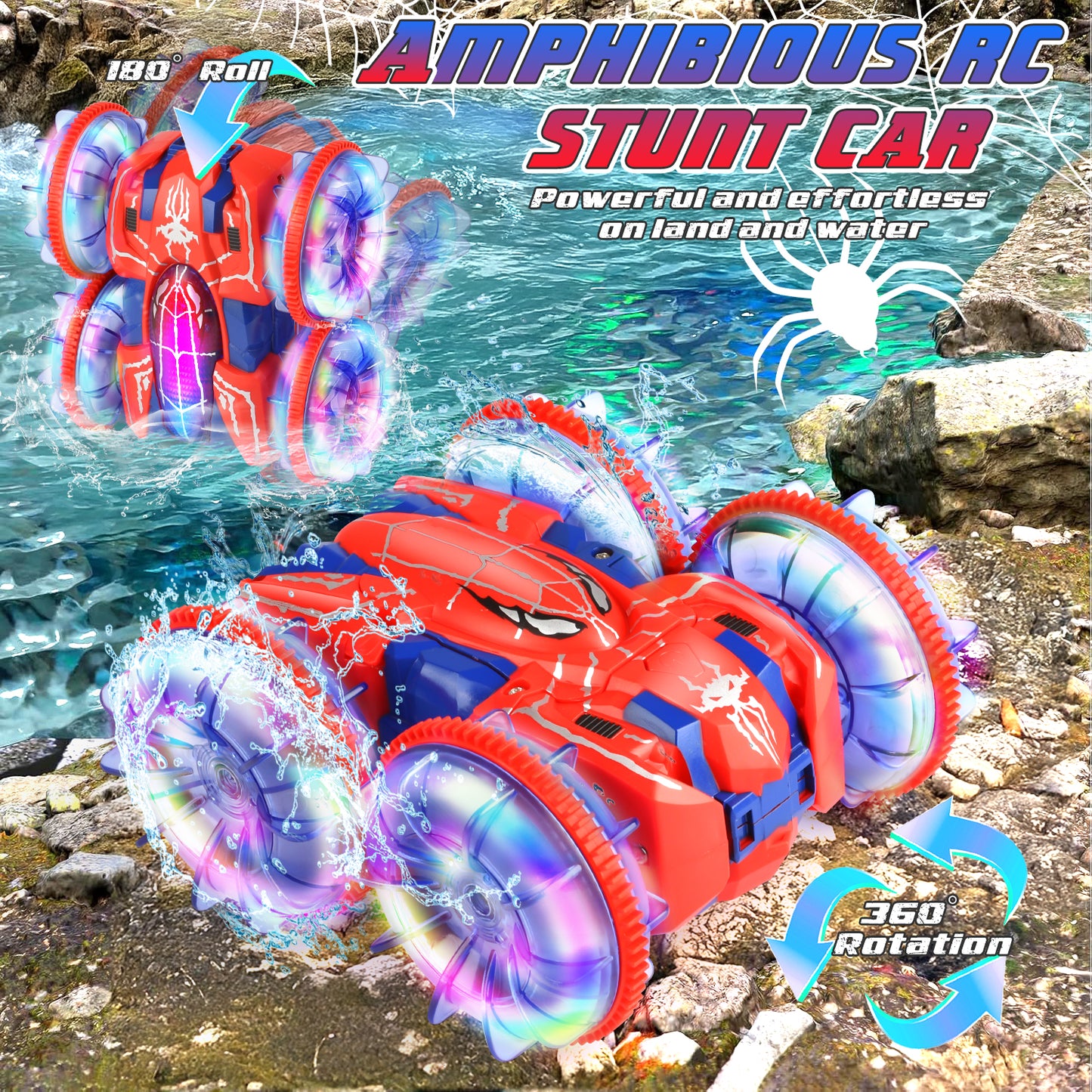 Huge Wave Remote Control Cars, Amphibious RC Boat Toys for Boys 3-12, 2.4GHz 4WD Gesture 360° Spider Double Sided Rotating Waterproof RC Stunt Car with LED Lights, Christmas Gift for Kids