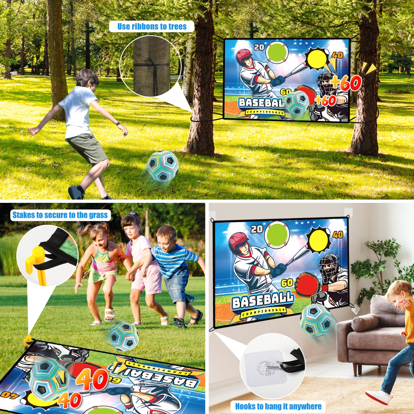 Huge Wave Soccer Game T-Ball Set for Kids, Indoor Outdoor Backyard Baseball Target Toy, with Sticky Goal, Christmas Birthday Gift for Boys Girls Aged 3-12