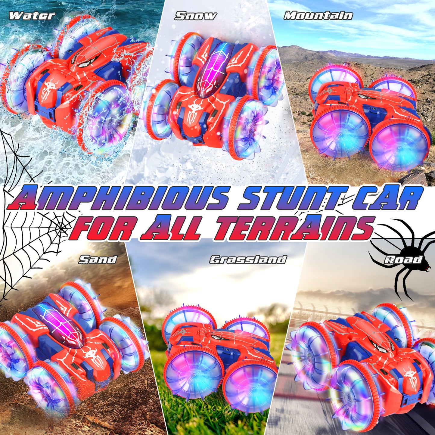 Huge Wave Remote Control Cars, Amphibious RC Boat Toys for Boys 3-12, 2.4GHz 4WD Gesture 360° Spider Double Sided Rotating Waterproof RC Stunt Car with LED Lights, Christmas Gift for Kids