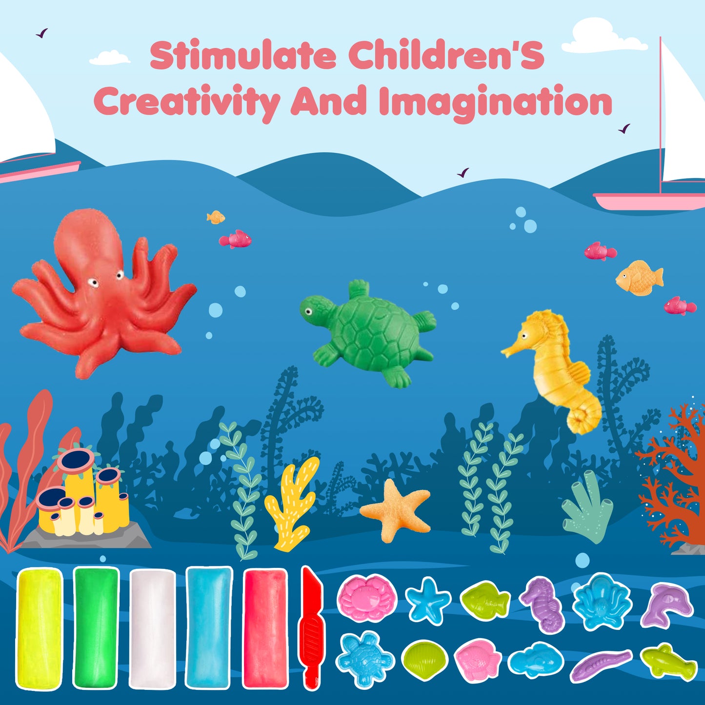 Color Clay Dough Ocean Animals Modeling Kit, Multi-color Play Dough Set, STEM Arts Crafts Toy Gift for Kids Age 3+