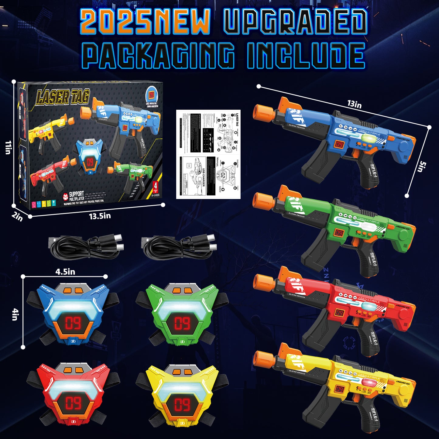Rechargeable Shooting Tag Set of 4, with LED Digital Multi-Functional Vests, Family Games Group Activity, Birthday Gifts Toys for Kids Boys Girls 8-12 Years