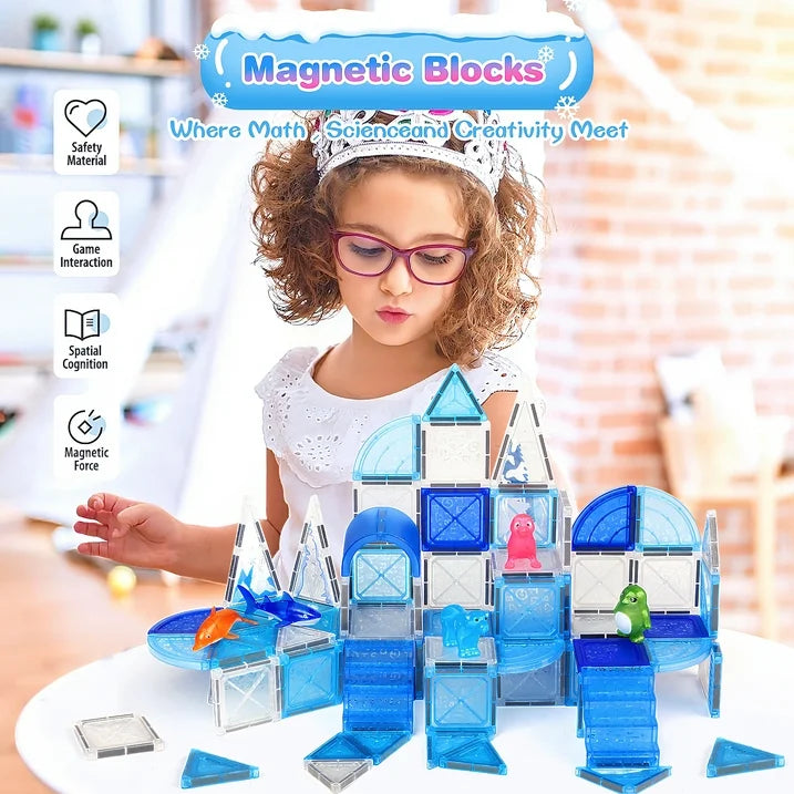 76 PCS Frozen Animals Magnetic Tiles for kids, 3D Building Blocks w/ 5 Animals Magnetic Toys for Toddlers, STEM Learning Toys Birthday Christmas Creative Gifts for Boys Girls 3 4 5 6+