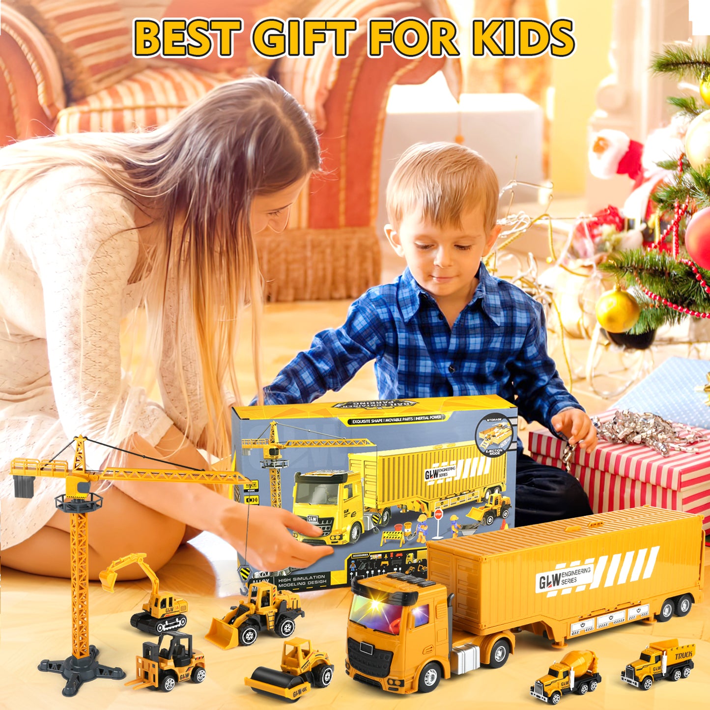 Construction Vehicle Toy Engineering Vehicles Set, 6 Alloy Cars/42 Accessories/2 Figures Construction Truck Toys Set w/tower crane, Toy Gift for Age 3 4 5 6 7 Kids Boys & Girls