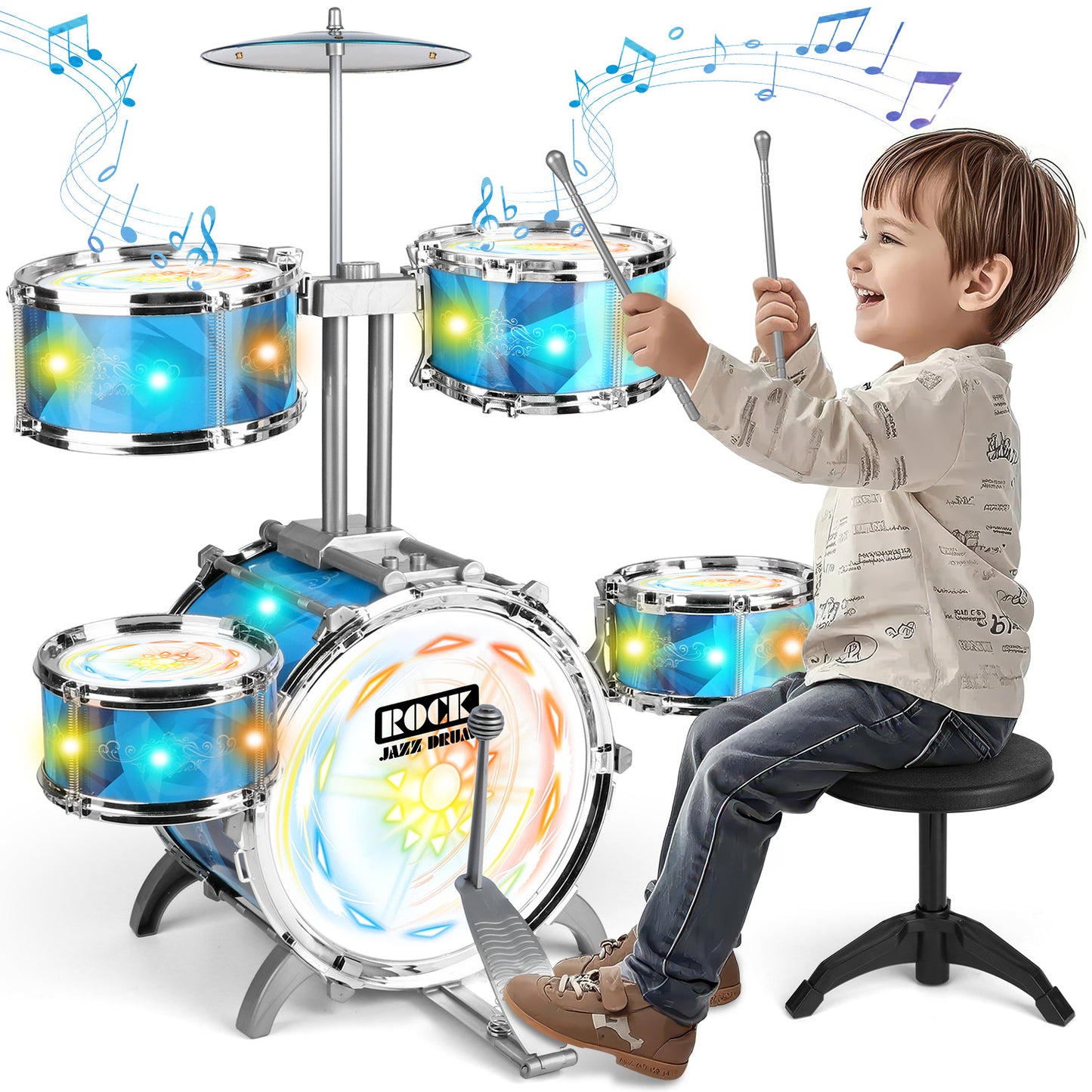 Huge Wave Kids Drum Set for Toddlers Aged 3-8, Upgraded Induction Sound and Light Jazz Drum Set with Stools, Christmas Musical Instrument Toys Gifts for Boys Girls