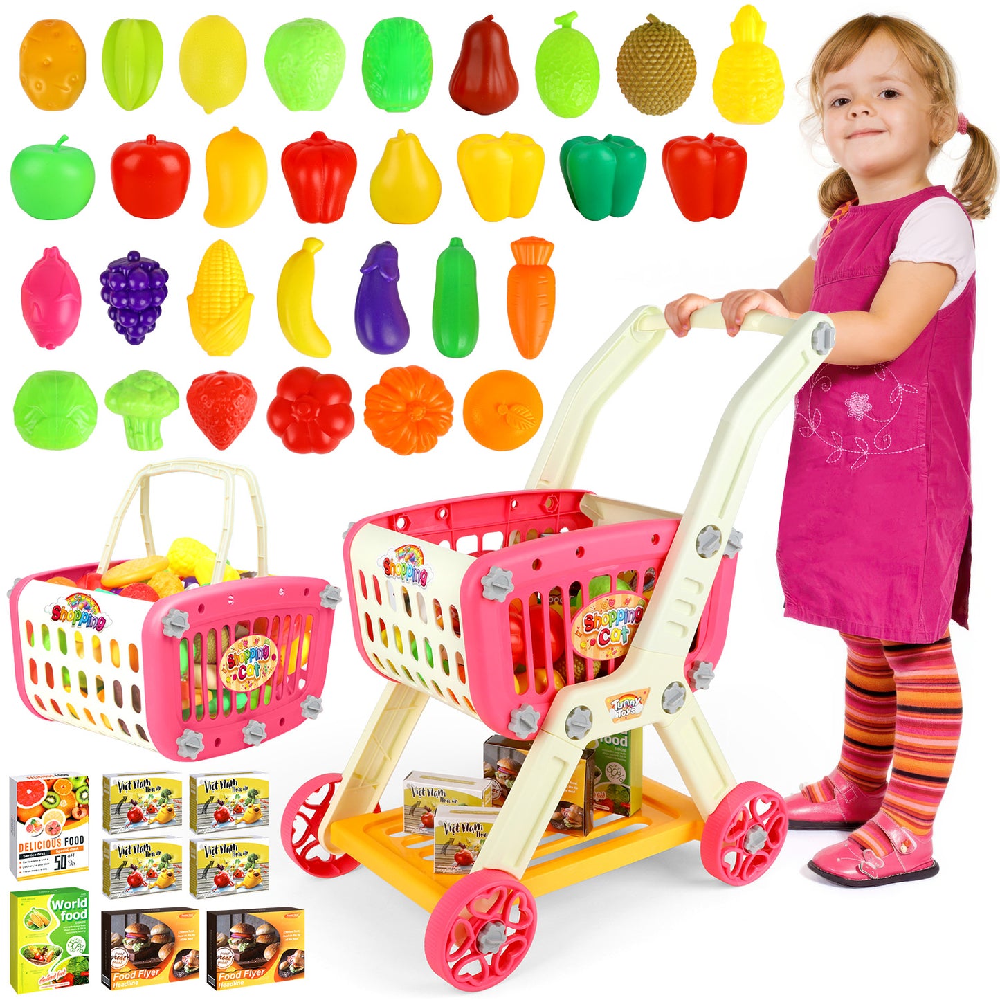 Huge Wave 40pcs Kids Shopping Cart, 2 in 1 Pretend Play Grocery Store Game, with Play Fruit Vegetable and Shop Accessories, Christmas Gift for Kids Aged 3-8 (Red)