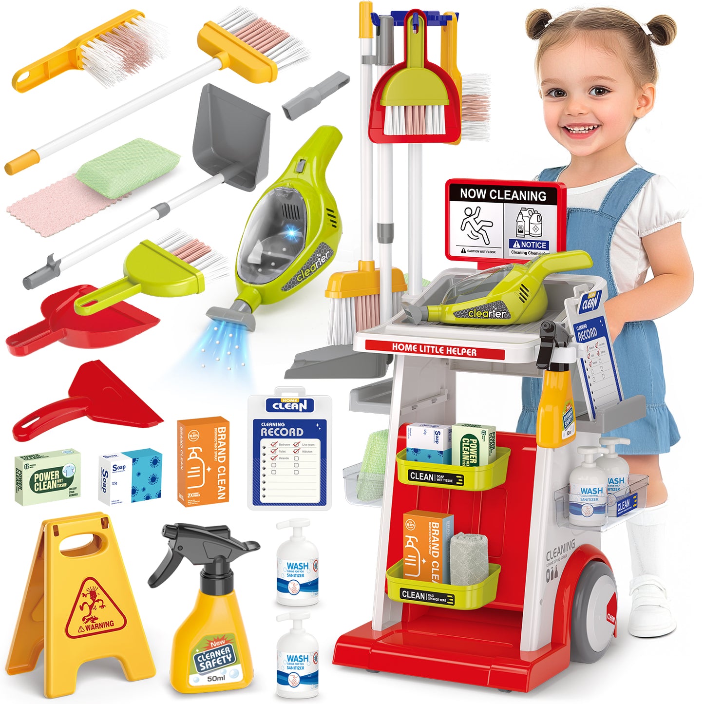 Huge Wave Kids Cleaning Set Toys, 22PCS Pretend Play Housekeeping Supplies Kit, with Electric Vacuum Cleaner, Housekeeping Cart Christmas Toys Gift for Boys & Girls 6-12 Years