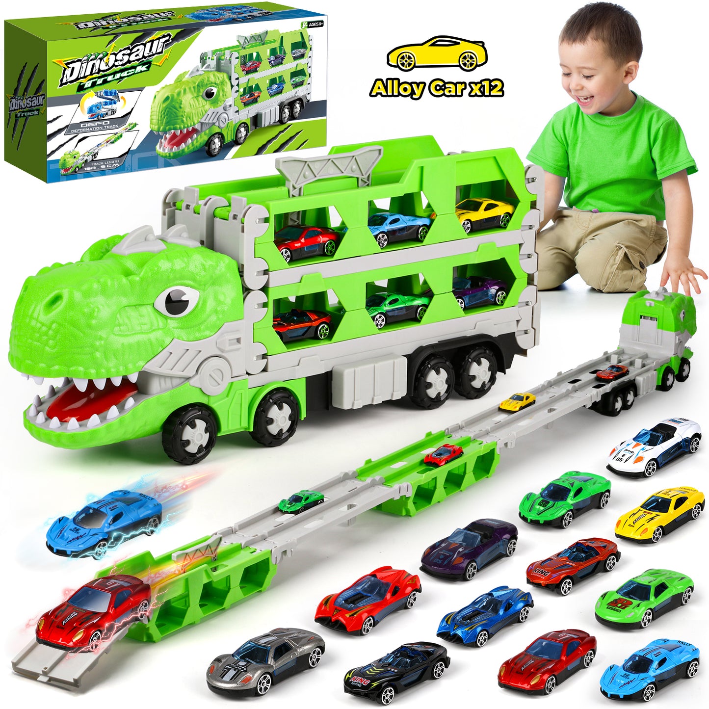 Huge Wave Toy Trucks Cars for Boys, Dinosaur Transport Race Set, with 66-Inch Ejection Track, 12 Die-Cast Metal Cars, Christmas Gifts for Kids for 3-8 Years Old