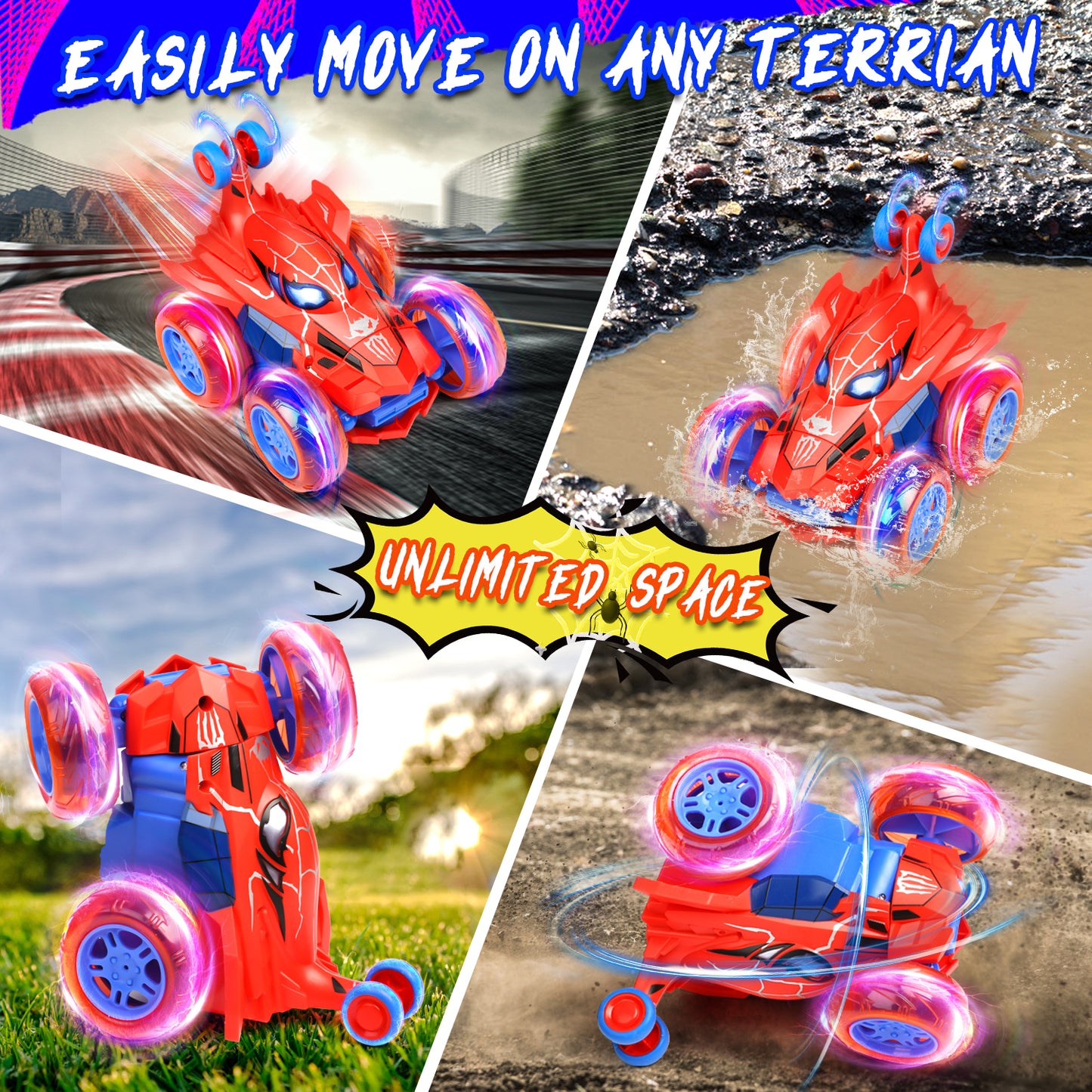 Spider Remote Control Cars, RC Cars Toys for Boys, 2.4Ghz Stunt 360°Rotate Flip Rechargeable w/ Cool Lights Kids Birthday Christmas Gifts for 3-12 Years Old