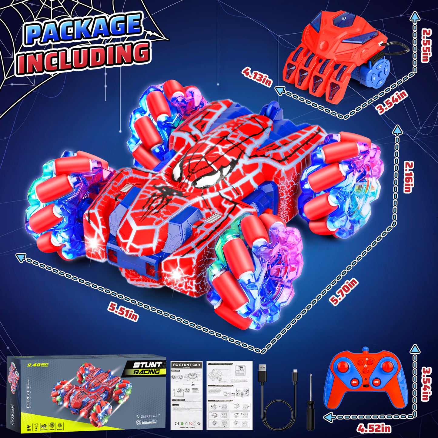 Huge Wave Spider Remote Control Cars for 6-12 Year Old Boys, Double Sided Rechargeable RC Stunt Car with Cool Light, 360° Flip Gesture Sensing Outdoor Toys for Kids