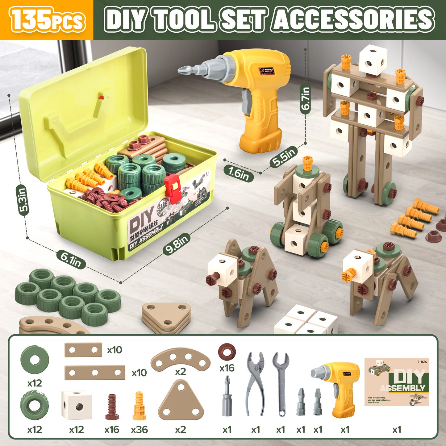 135PCS Kids Tool Set with Drill, Toddler Construction Tool Set with Toolbox, STEM Montessori Toys, Birthday Gift for Boys Girls Ages 2-6