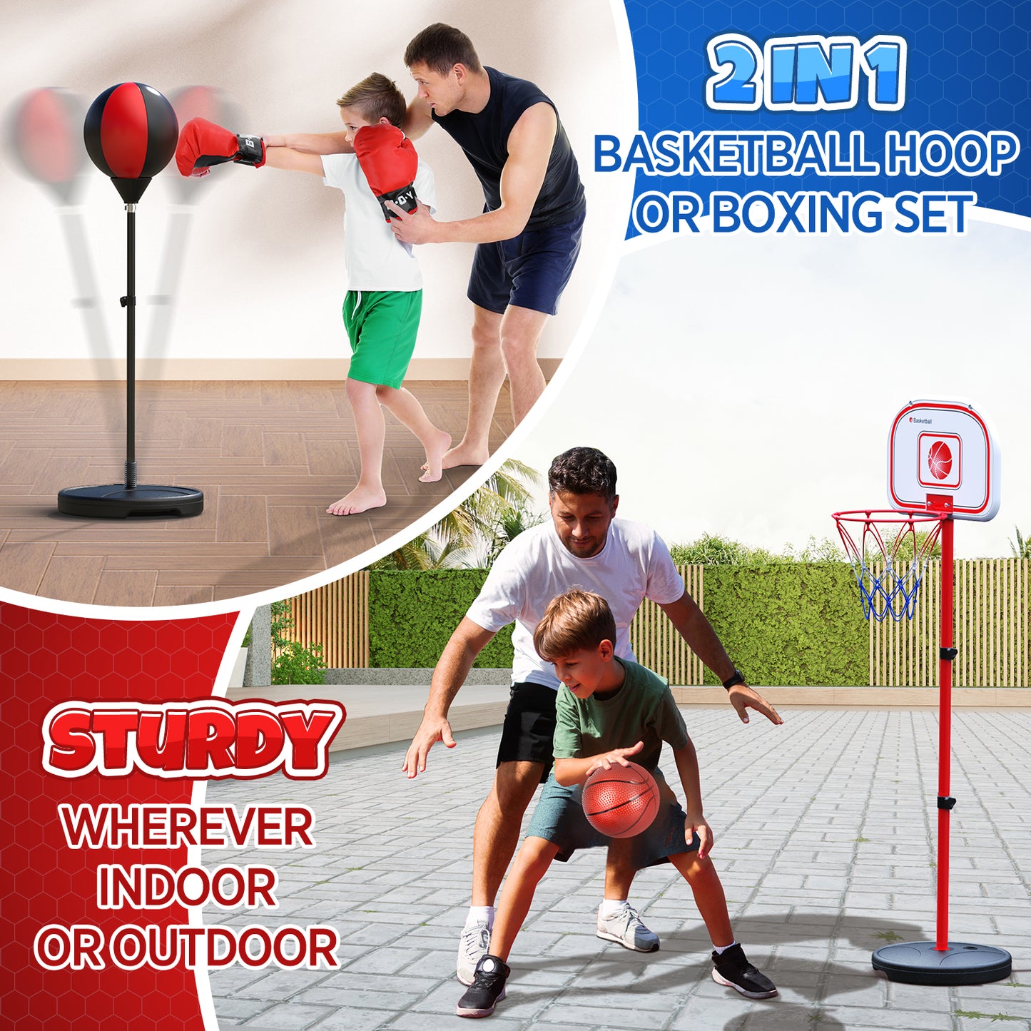 2 in 1 Kids Basketball Hoop and Punching Bag, Toddler Basketball Hoop Indoor Outdoor with Boxing Gloves, Sports Toys Christmas Gifts for Boys Ages 5-10