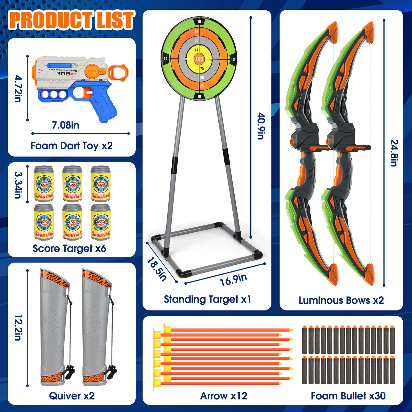 Huge Wave 2 Pack Bow and Arrow Set for Boys, Ultimate Glow Archery & Shooting Set, with Standing Target & Quivers, Christmas Toys Gift for Kids Aged 6-12