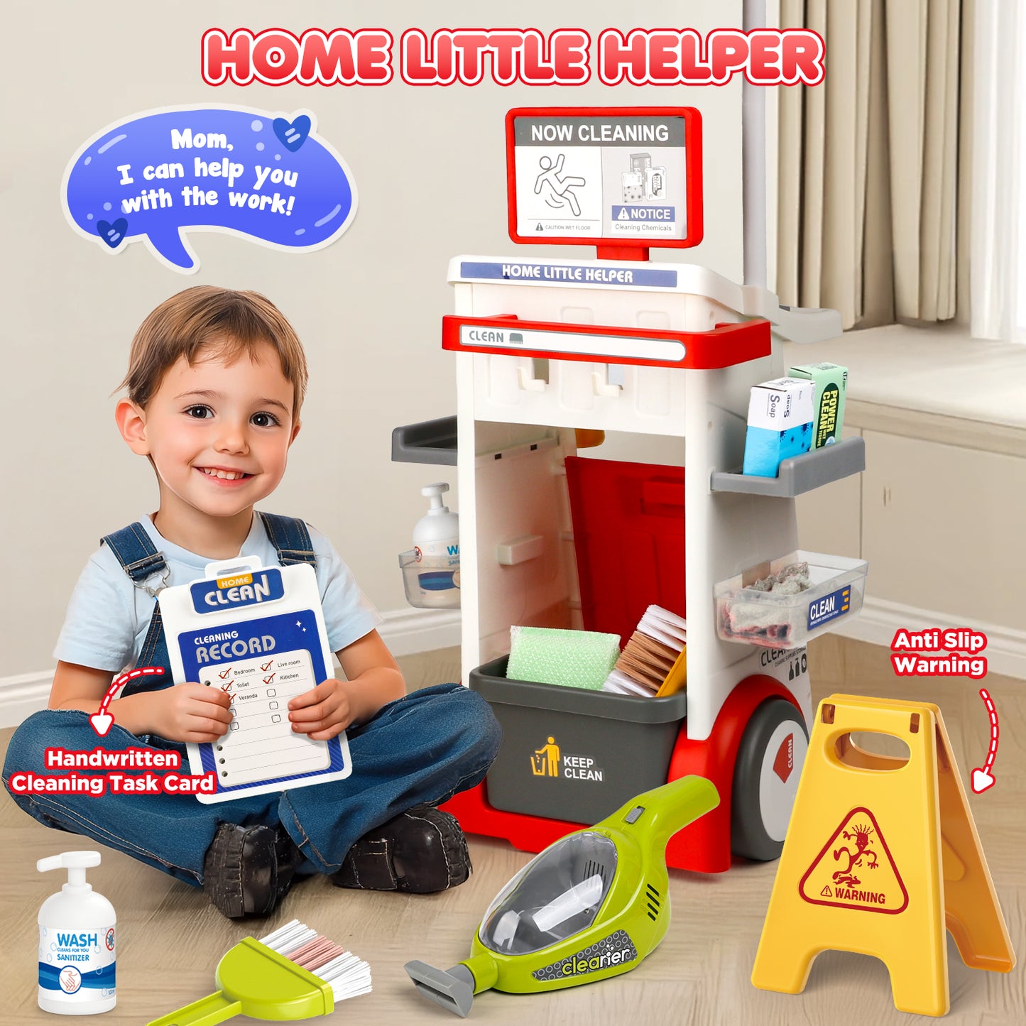 Huge Wave Kids Cleaning Set Toys, 22PCS Pretend Play Housekeeping Supplies Kit, with Electric Vacuum Cleaner, Housekeeping Cart Christmas Toys Gift for Boys & Girls 6-12 Years