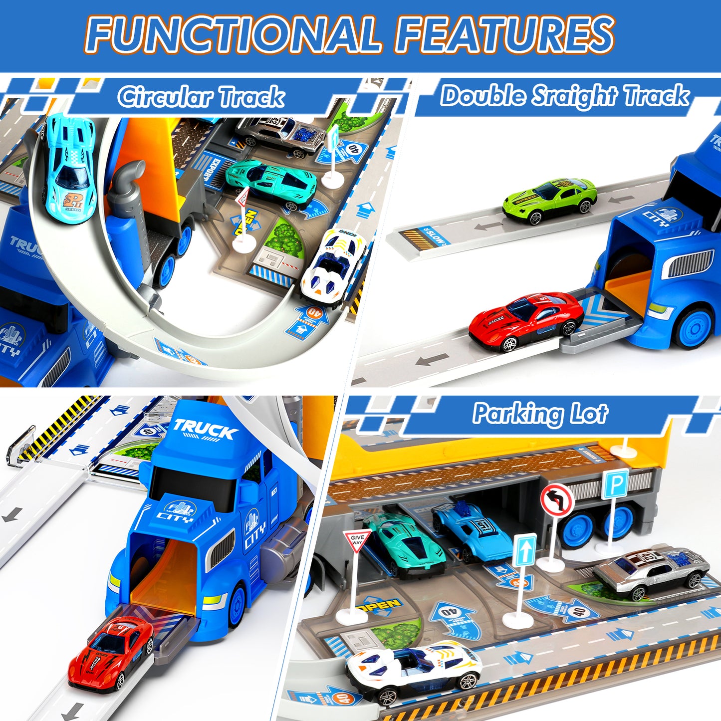 Carrier Truck Race Track Toys for Kids, 2 in1 Transport Trucks Set W/Car Track & 8 Race Cars, Truck Toys for 3-8 Years Old Boys Kids Toddler Car Set Gifts for Boys and Girls(Blue)