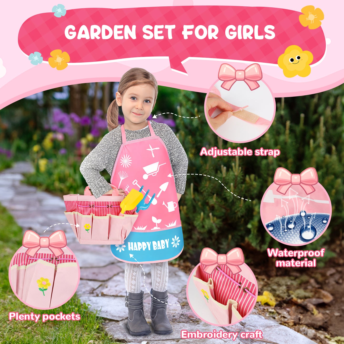 Huge Wave Kids Pink Gardening Tools Set, Outdoor Toys Set Backyard Play with Tote Bag,Watering Can, Shovel, Apron, DIY Kits, Spring Summer Gift for Toddler Boys Girls