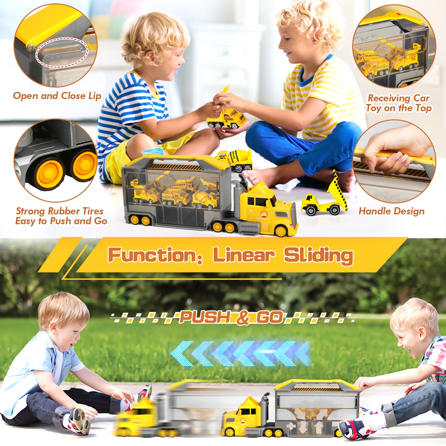 Construction Trucks for Toddlers Race Track Play set, 7in1 Construction Toys in Transport Car Carrier,Kids Construction Toys Birthday Gifts for Boys Girls 5-7(Yellow)