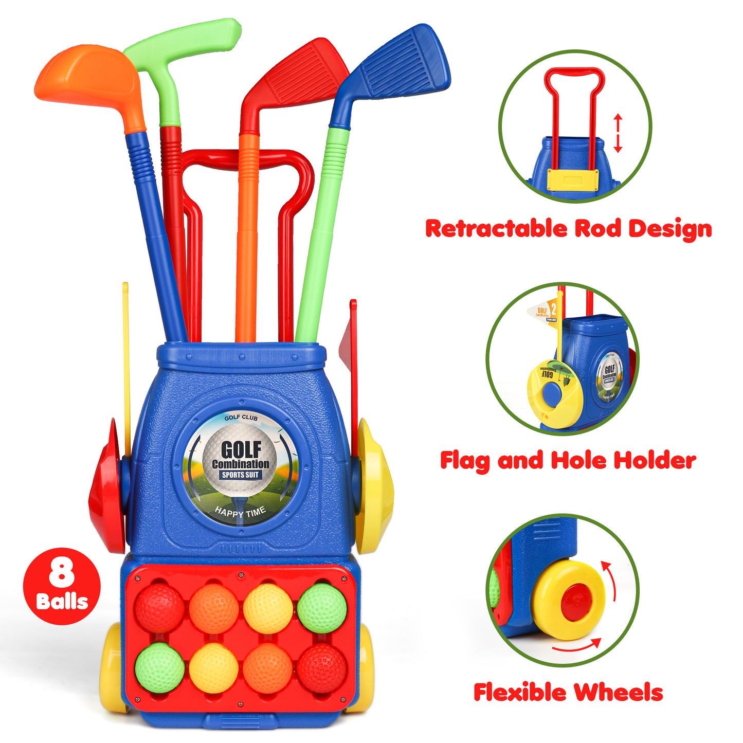 Toddler Golf Toy Set with 4 Colorful Golf Sticks, 8 Balls and 2 Practice Holes - Kids Golf Club Set and Sports Toys - Fun Birthday Christmas Gifts for Boys and Girls Aged 3-6 Years Old