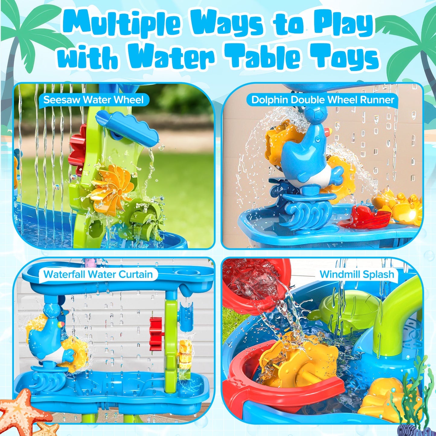 Huge Wave Sand Water Table for Toddlers, 4-Tier Showers Splash Pond Sensory Play Table, Beach Summer Outdoor Backyard Toys for Toddlers 1-3