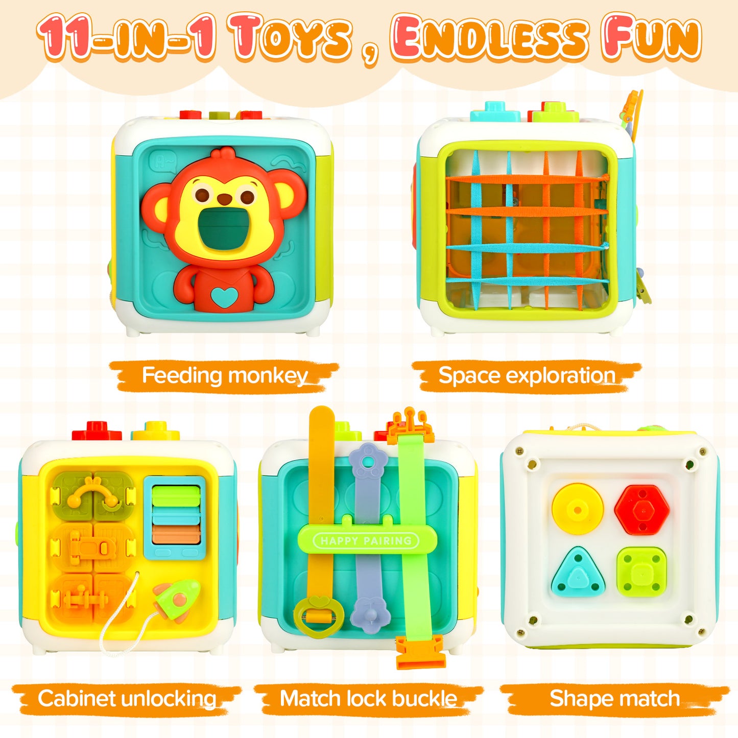 11-in-1 Baby Activity Cube, Montessori Learning Toys for Toddlers, Sensory Developmental Toys, Birthday Gift for Kids Boys Girls 1-4 Years