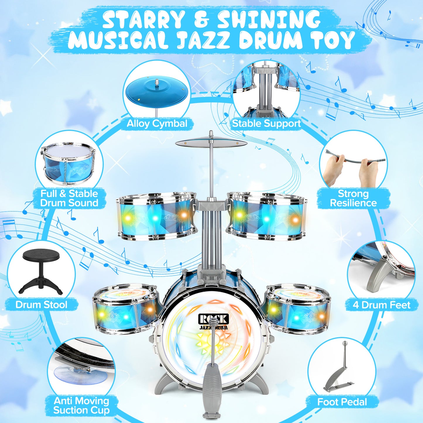 Huge Wave Kids Drum Set for Toddlers Aged 3-8, Upgraded Induction Sound and Light Jazz Drum Set with Stools, Christmas Musical Instrument Toys Gifts for Boys Girls