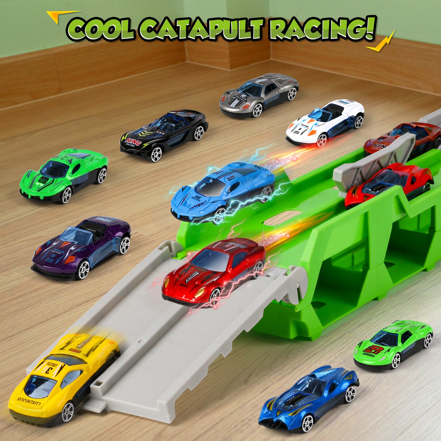 Huge Wave Toy Trucks Cars for Boys, Dinosaur Transport Race Set, with 66-Inch Ejection Track, 12 Die-Cast Metal Cars, Christmas Gifts for Kids for 3-8 Years Old