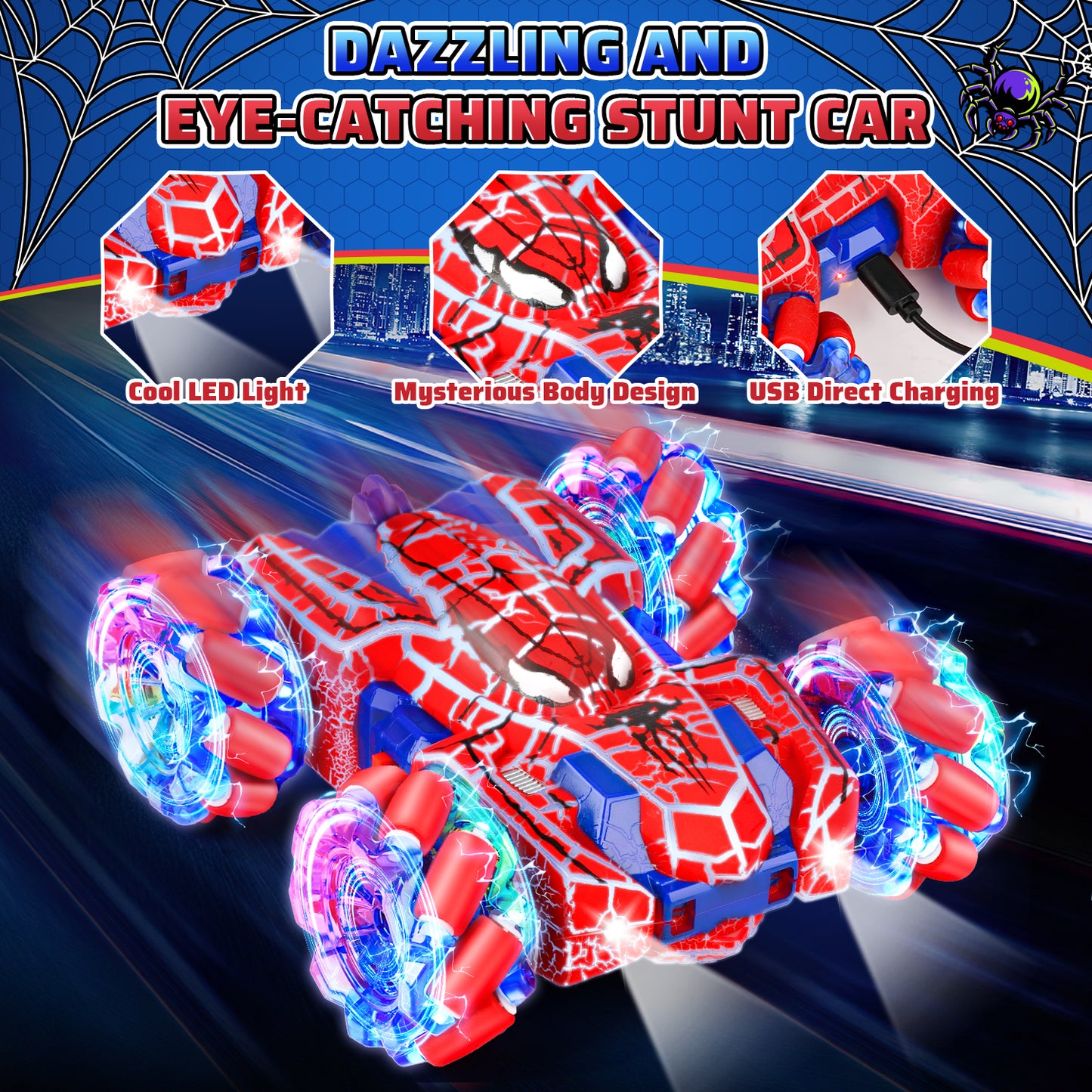 Huge Wave Spider Remote Control Cars for 6-12 Year Old Boys, Double Sided Rechargeable RC Stunt Car with Cool Light, 360° Flip Gesture Sensing Outdoor Toys for Kids