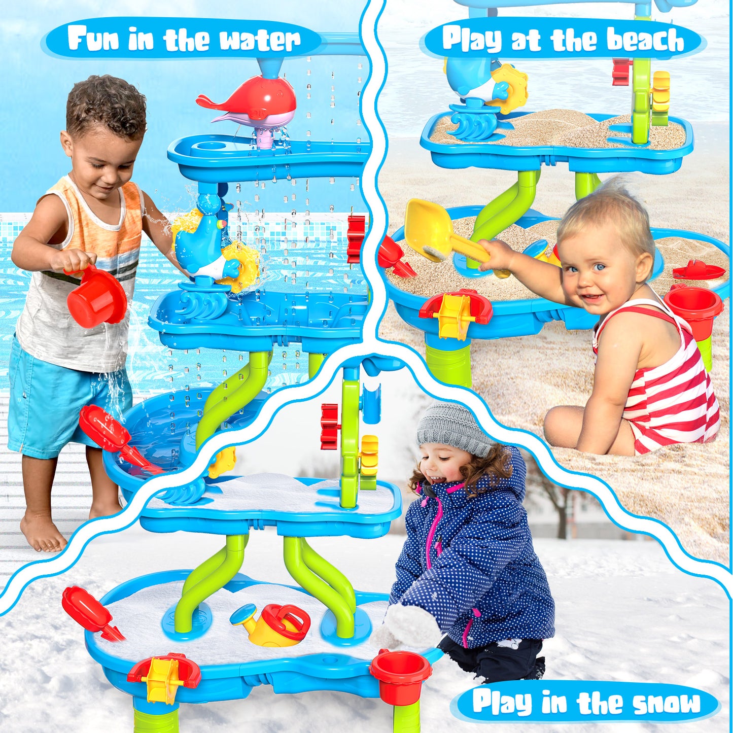 Huge Wave Sand Water Table for Toddlers, 4-Tier Showers Splash Pond Sensory Play Table, Beach Summer Outdoor Backyard Toys for Toddlers 1-3