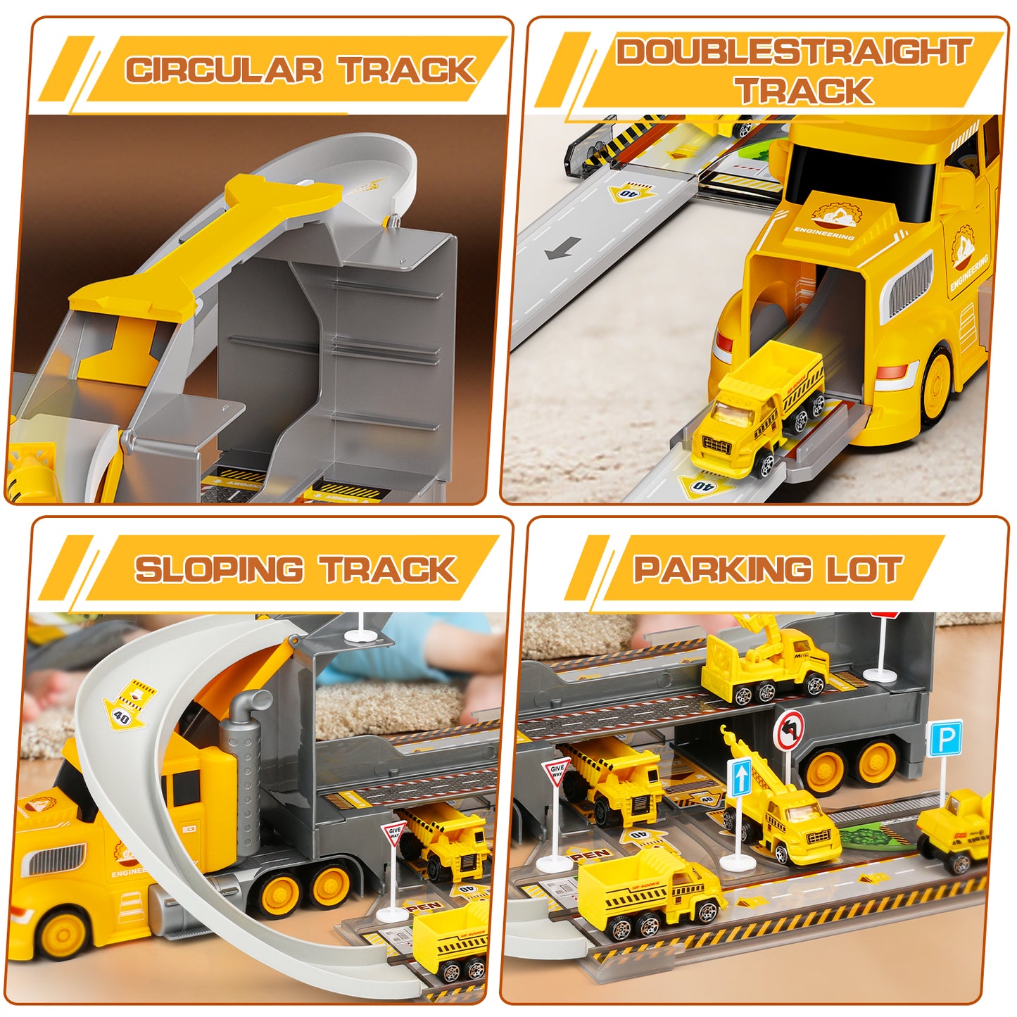 Construction Trucks for Toddlers Race Track Play set, 7in1 Construction Toys in Transport Car Carrier,Kids Construction Toys Birthday Gifts for Boys Girls 5-7(Yellow)