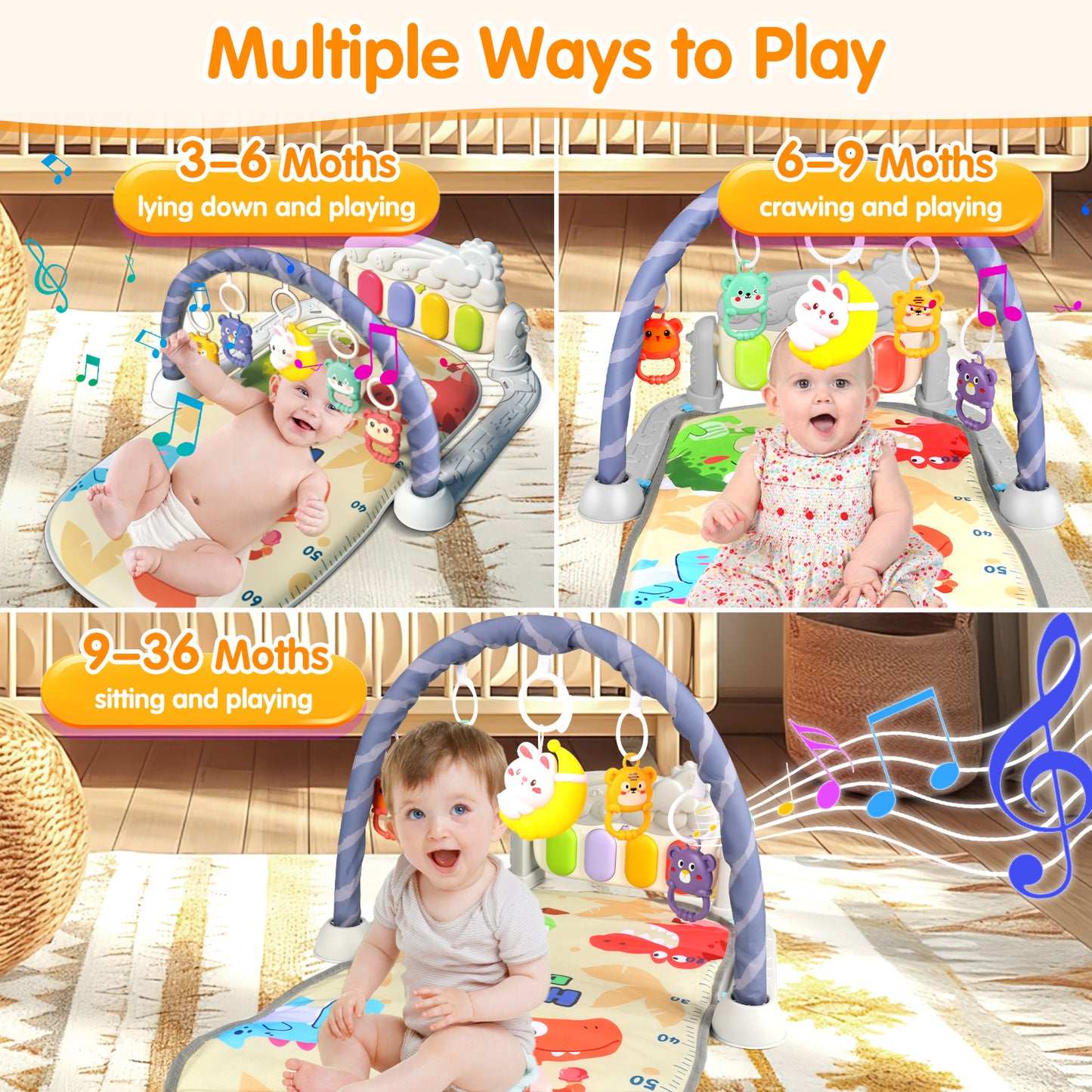 Baby Play Mat for 0-6+ Months, Baby Play Gym Tummy Time, Activity Mat Musical Foot Piano for Learning Sensory Toys, Christmas Birthday Newborn Gifts for Boys Girls