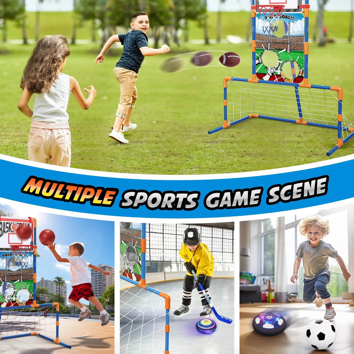 5 in 1 Kids Basketball Hoop, Toddler Basketball Goal, Soccer Goal, Hover Ball, Bean Bag Toss and Hockey, Sport Indoor Outdoor Game Toys for Boys 3-8+