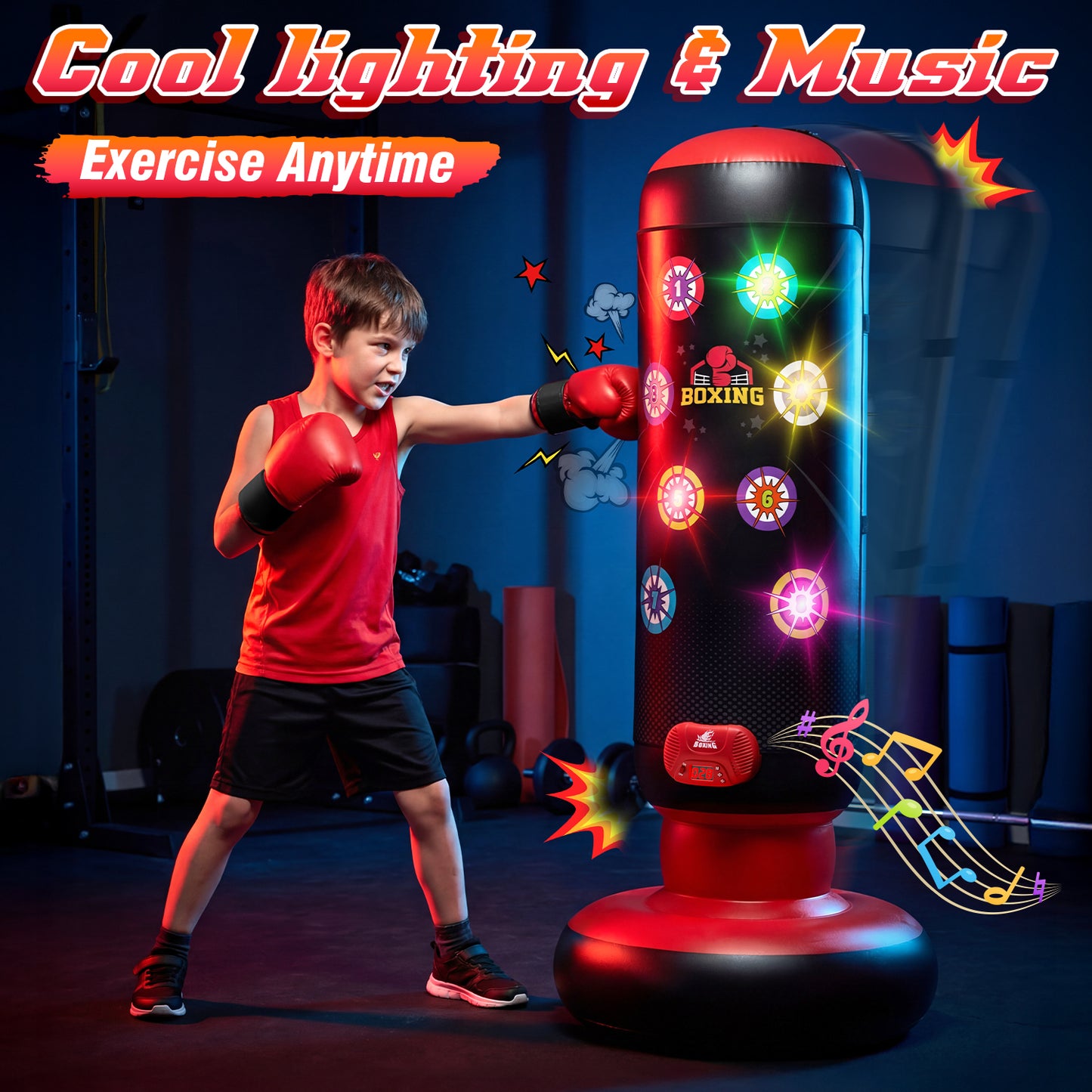 Punching Bag for Kids, 60 Inch Inflatable Boxing Bag with Gloves, 4 Game Modes, Scoring, Light, Music, Sports Toy Birthday Gifts for Boys Ages 4-12