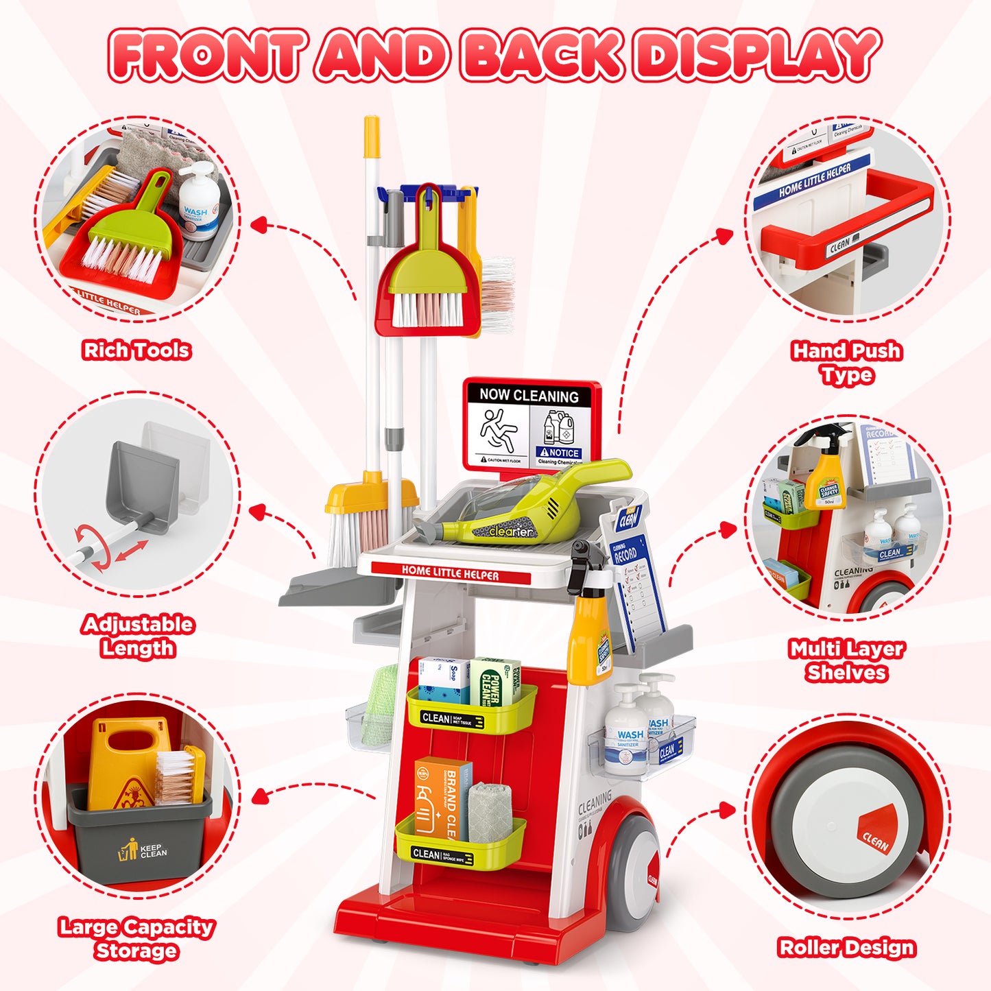 Huge Wave Kids Cleaning Set Toys, 22PCS Pretend Play Housekeeping Supplies Kit, with Electric Vacuum Cleaner, Housekeeping Cart Christmas Toys Gift for Boys & Girls 6-12 Years