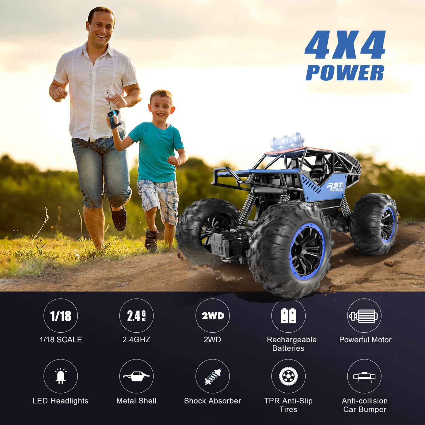 1:18 Remote Control Cars, Rechargeable All Terrain Metal Shell 4X4 Off-Road Vehicle Monster Truck, High Speed 2.4 GHz RC Car Boys Birthday Christmas Gift for Kids 6+ & Adults