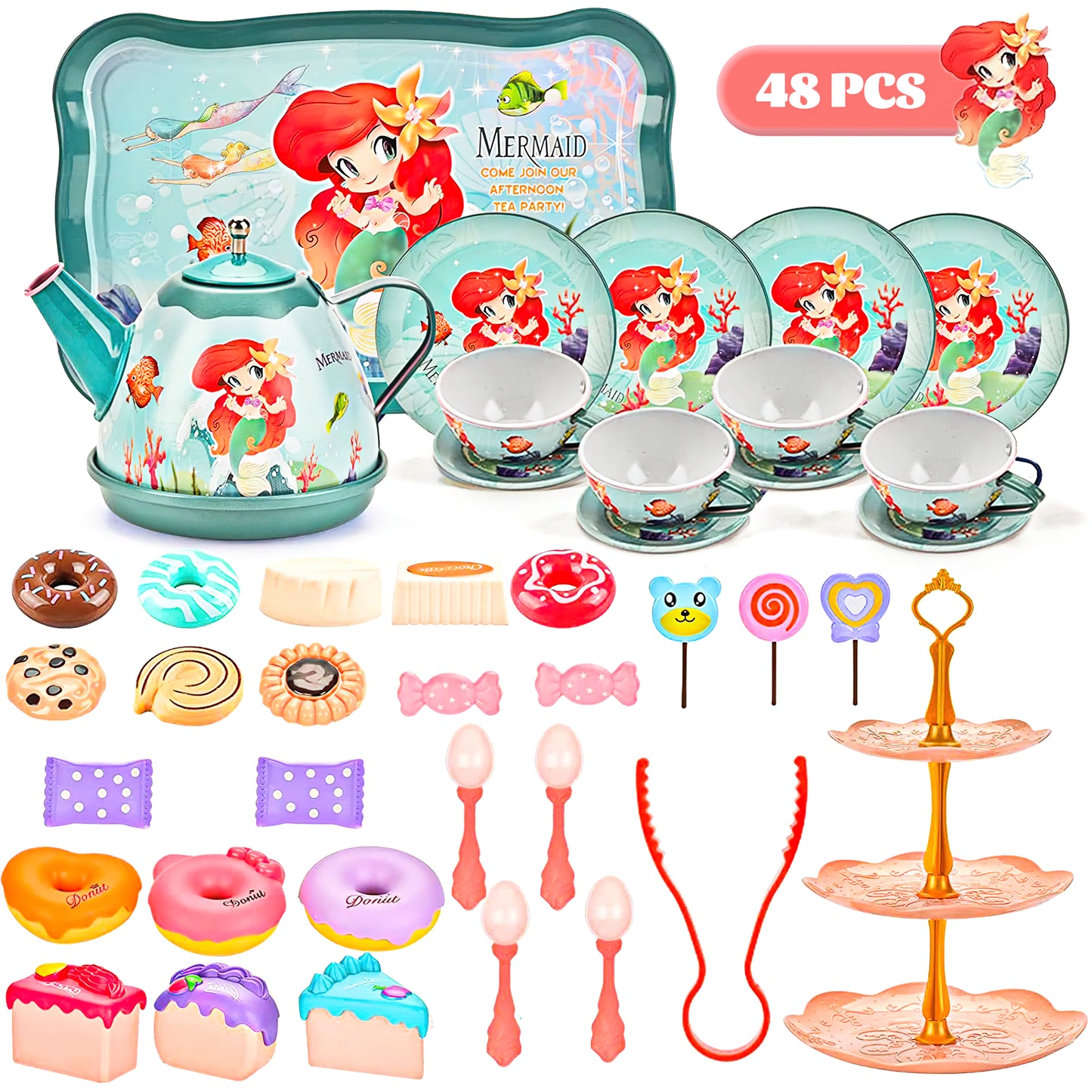48 Pcs Kids Tea Set with Treats, Pretend Play Tea Set for Imaginative Fun, Mermaid Themed Toy Tea Set for Children, Perfect for Pretend Tea Parties, Birthday Christmas Gift for Girls 3+