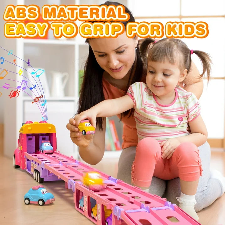 9 in 1 Princess Toy Carrier Truck for Girls, Foldable Transport Truck, Toddlers Pull Back Girl Toy Car Set for 2 3 Years Old, Kids Birthday Gift Christmas Toys Gift for Girls 3 4 5 6+
