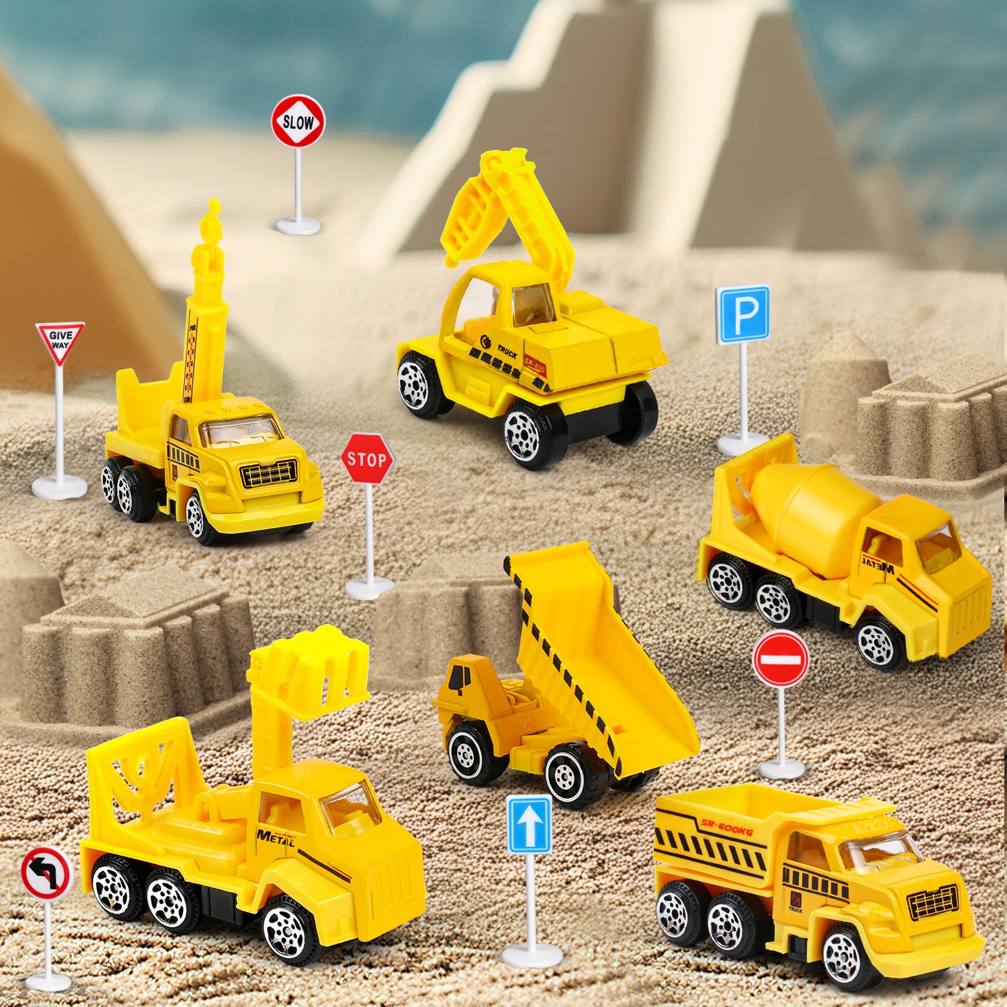 Construction Trucks for Toddlers Race Track Play set, 7in1 Construction Toys in Transport Car Carrier,Kids Construction Toys Birthday Gifts for Boys Girls 5-7(Yellow)