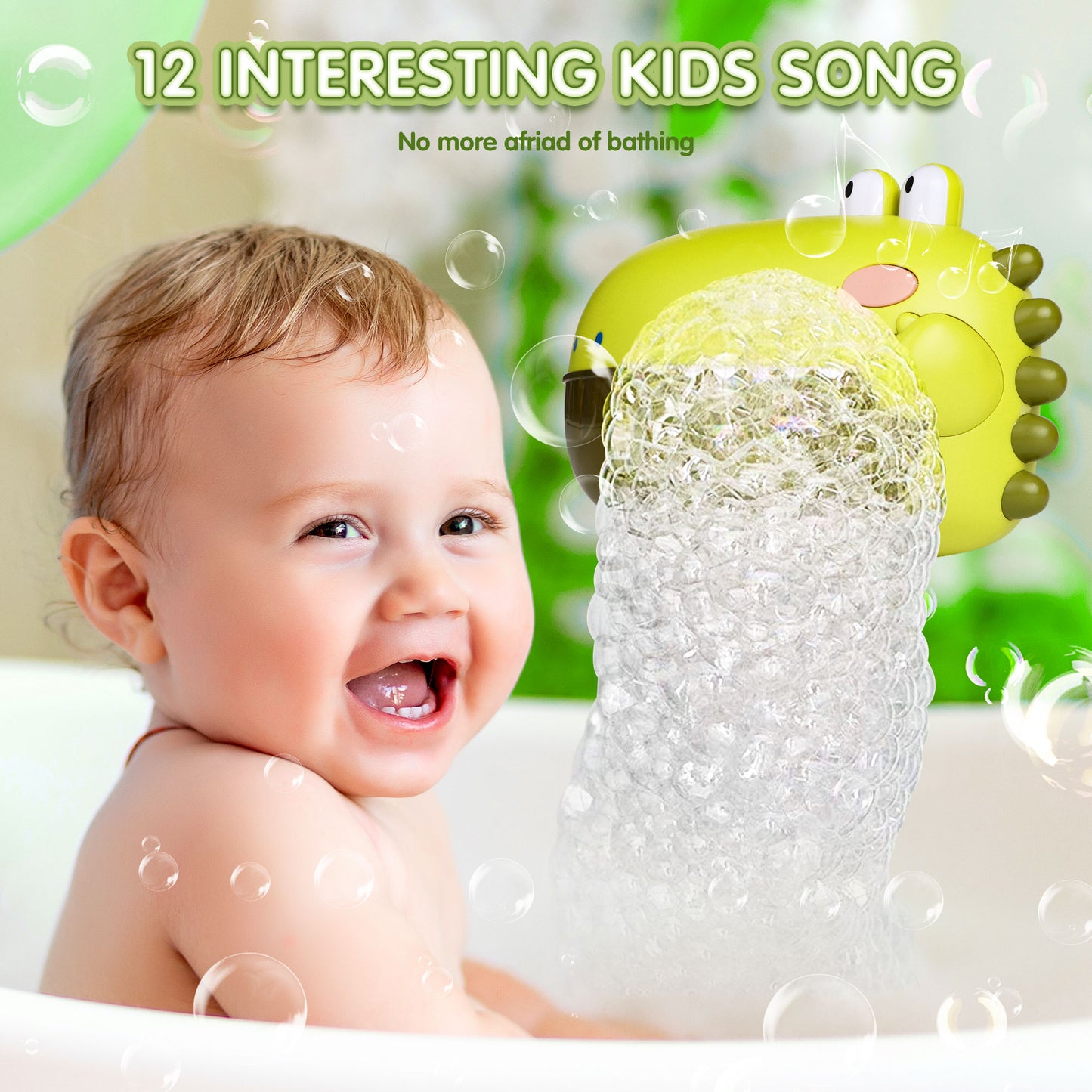 Dinosaur Bath Toys for Baby, Green Bathtub Toys Bubble Maker Machine, 12 Children's Songs Christmas Gift for Toddler Girls Boys 18 Months up
