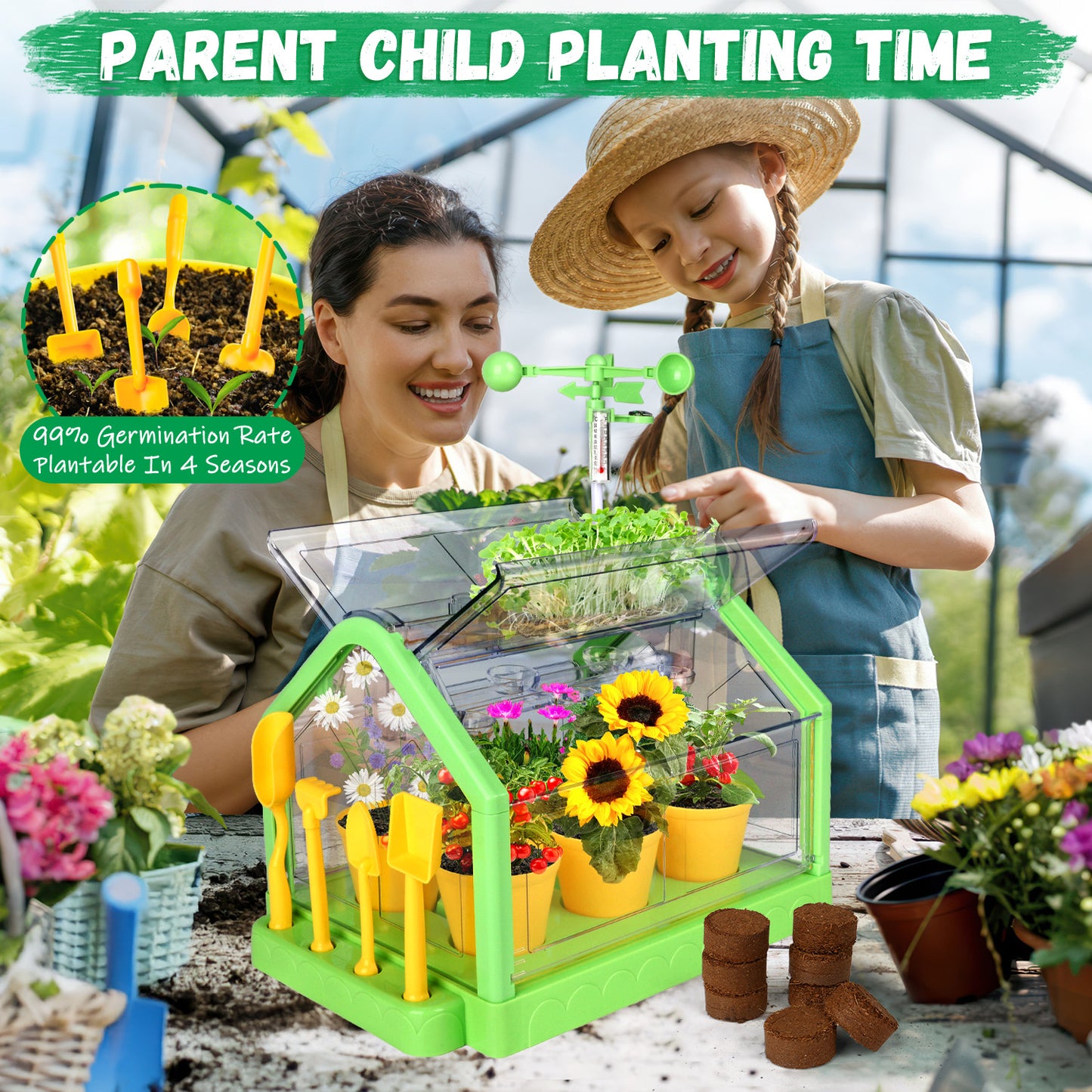 Huge Wave Kids Gardening Plant Growing Set, Greenhouse Flower Terrarium Set, Dual Cultivation Mode, with Wind Vane & Thermometer, Birthday Gift for Boys Girls Aged 4-8