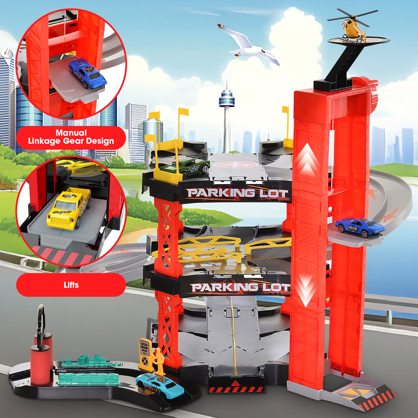 Huge Wave Garage Playset Race Car Track Set, Toy Vehicle Parking Lot for Toddlers, Race Ramp Track Toy, with 4 Alloy Cars & Helicopter, Kids Vehicle Set Gifts for 3-8 Years Old Boys and Girls