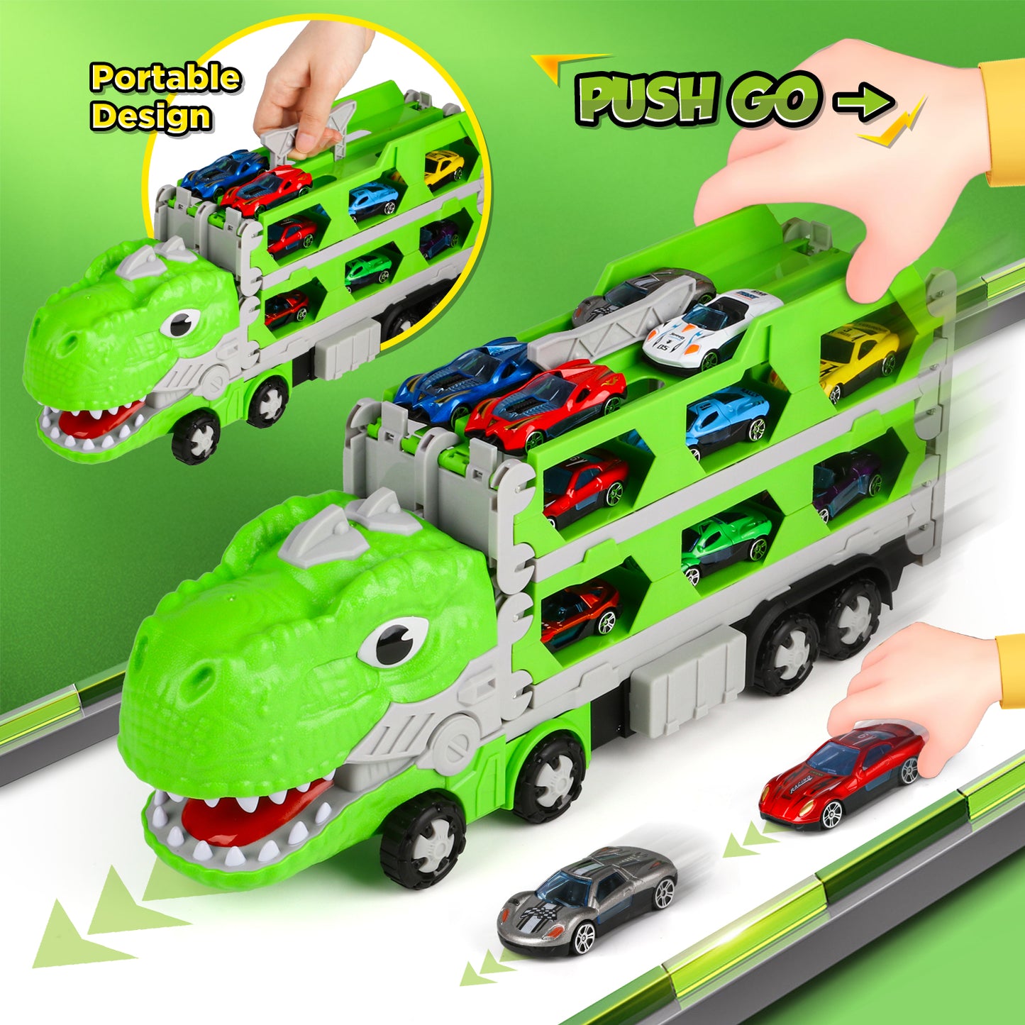 Huge Wave Toy Trucks Cars for Boys, Dinosaur Transport Race Set, with 66-Inch Ejection Track, 12 Die-Cast Metal Cars, Christmas Gifts for Kids for 3-8 Years Old