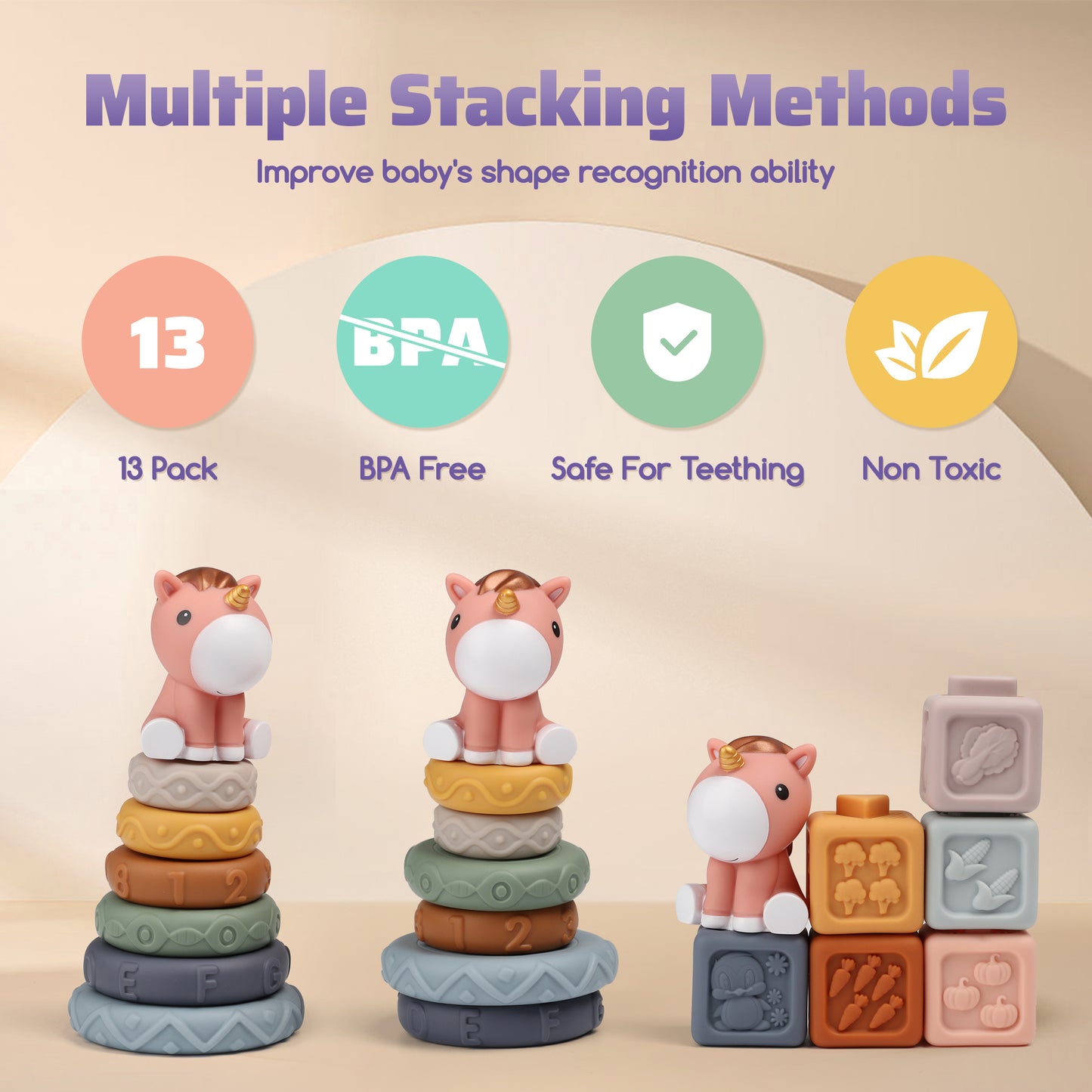 13PCS Soft Blocks for Babies 6 12 18 Months, Unicorn Baby Bath Toys, Montessori Teething Toys, First Birthday Gifts for Baby Girls Boys.